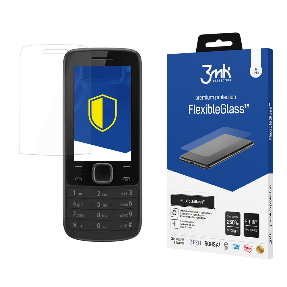 Un telefono e una scatola di protezione dello schermo. Il telefono ha un'icona a scudo. La scatola dice FlexibleGlass.