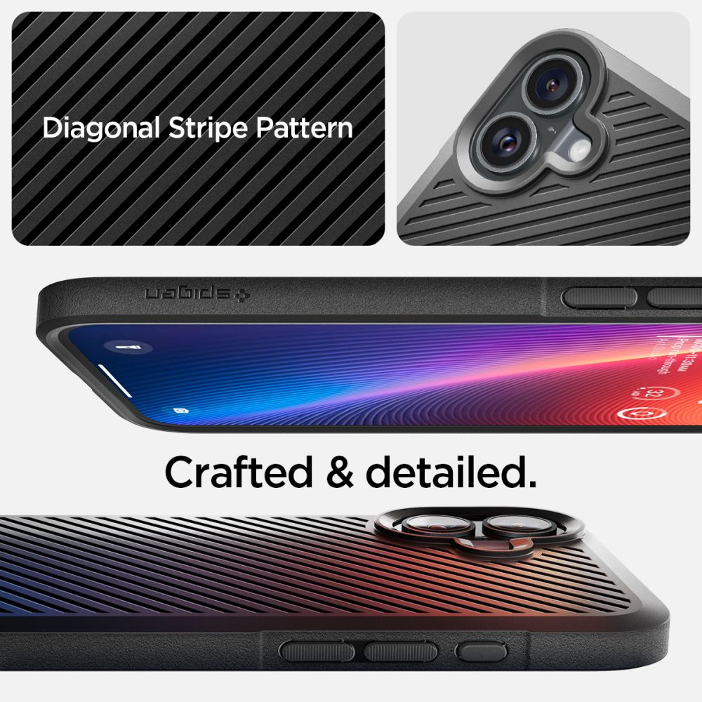 Zdjęcie przedstawia etui na telefon z ukośnymi paskami, telefon z kolorowym ekranem i obiektywami aparatu. Tekst: Crafted & detailed.