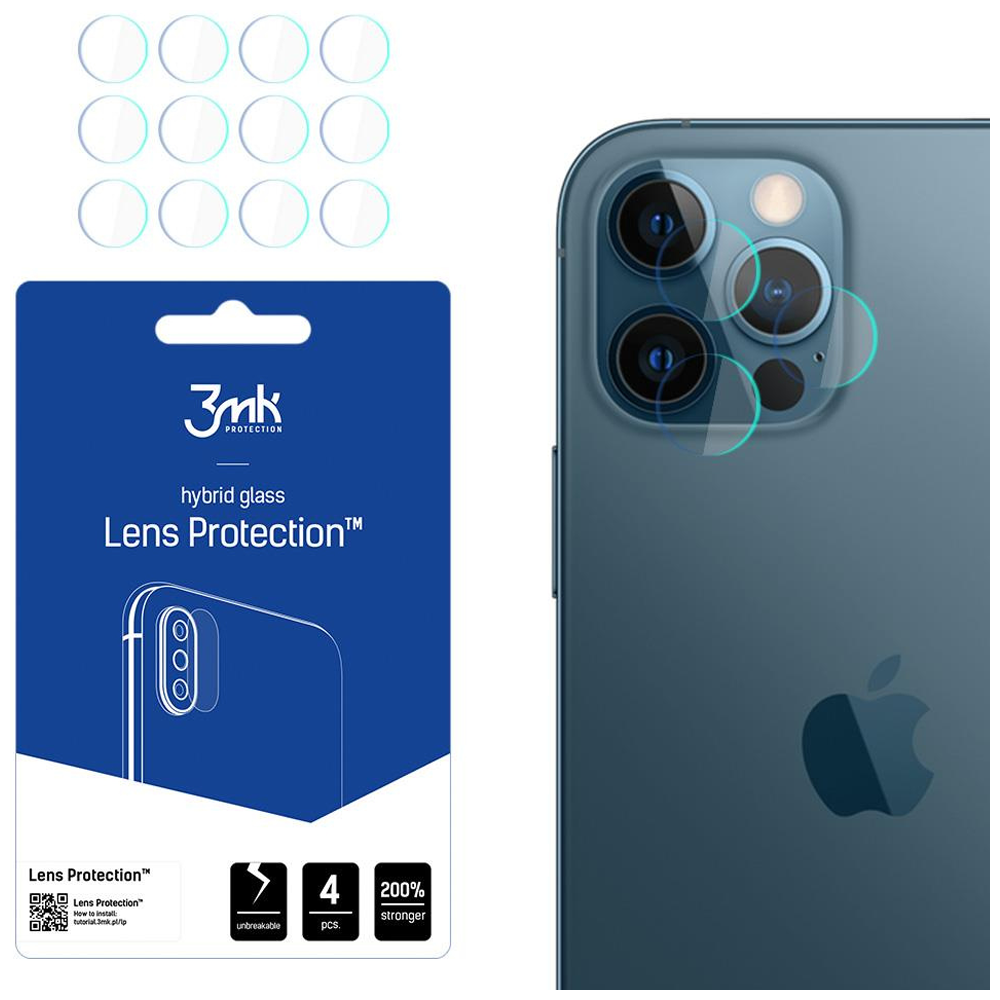 Un kit di protezione per lenti del telefono con un contorno del telefono, protezioni e un iPhone con protezioni applicate.