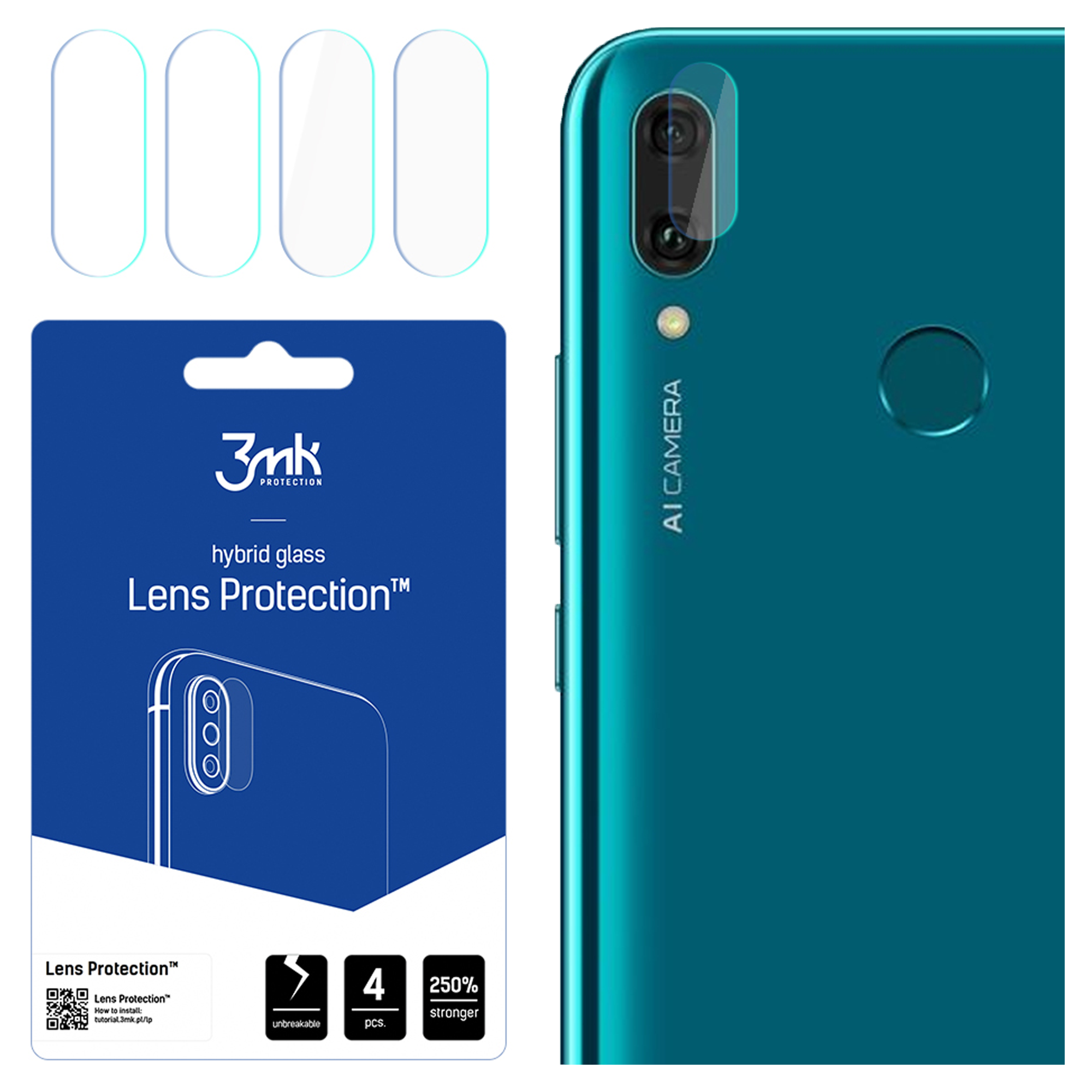 Retro di un telefono con protezione fotocamera, confezione del prodotto e diversi proteggi lenti visibili.