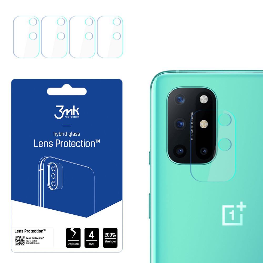 Un kit di protezione per lenti del telefono con confezione blu e telefono con retro verde. Il kit include 4 protezioni.