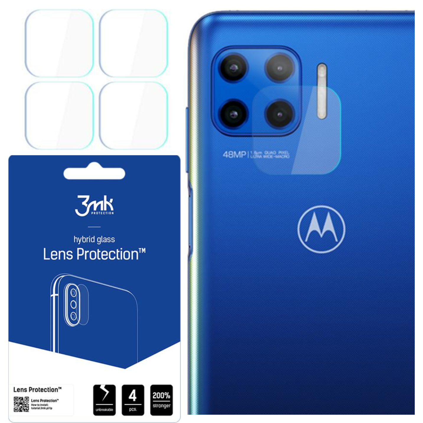Vengono visualizzati un telefono e protezioni per lenti. Il telefono è blu con una serie di fotocamere. La confezione mostra un contorno del telefono e testo.