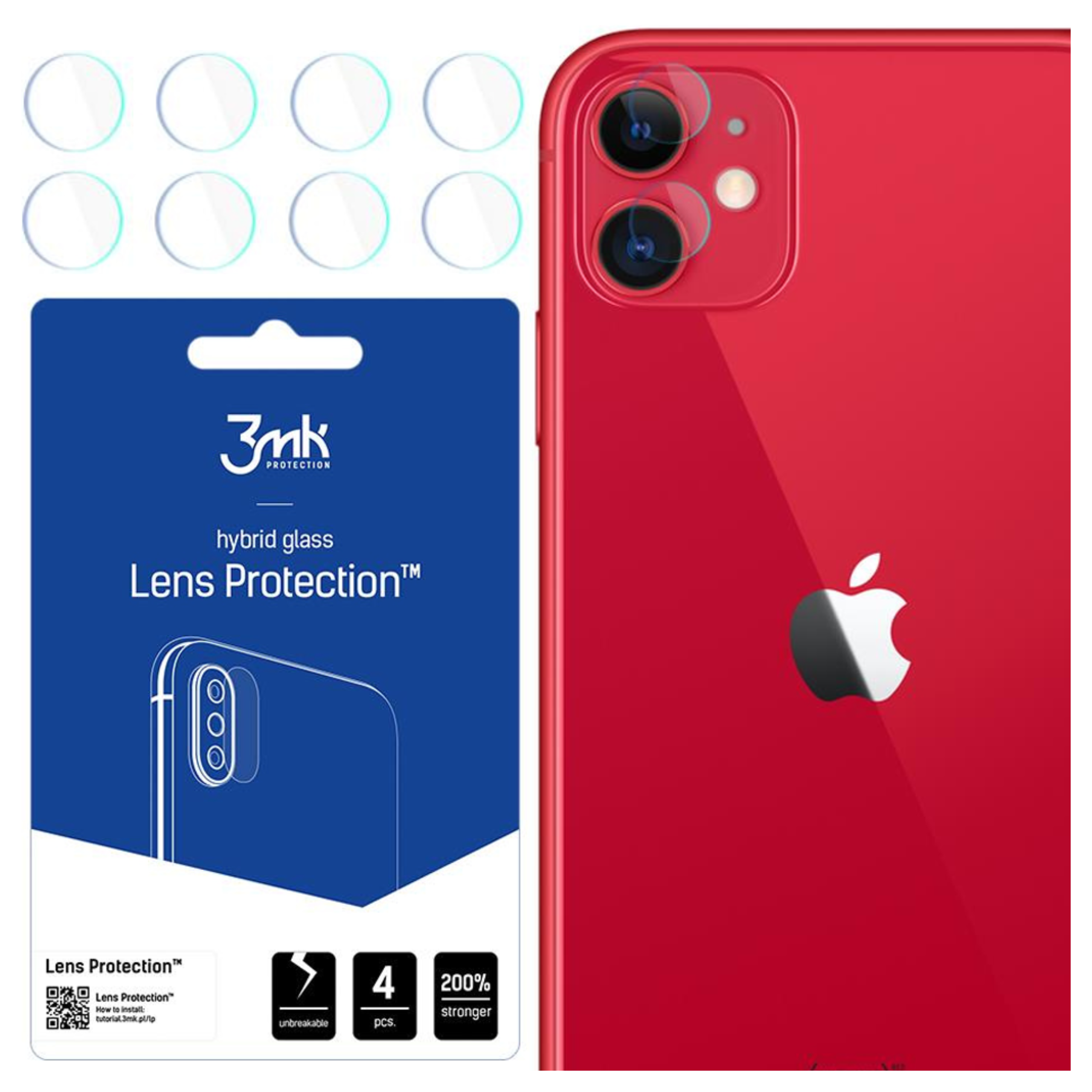 Un iPhone rosso accanto a una confezione del prodotto. La scatola ha protezioni per lenti.