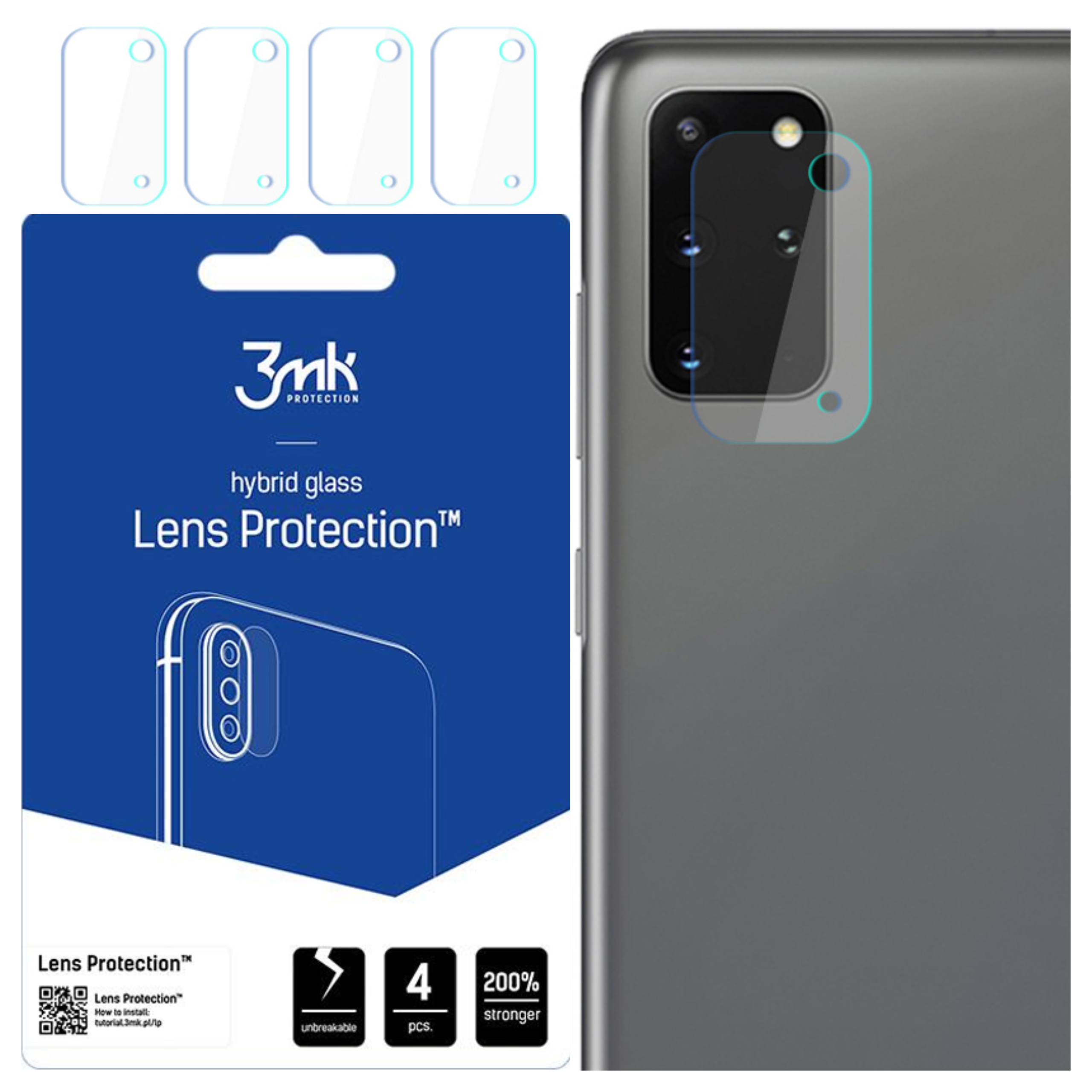 Un kit di protezione per lenti del telefono con telefono a destra. La confezione mostra protezioni per lenti, testo e dettagli del prodotto.