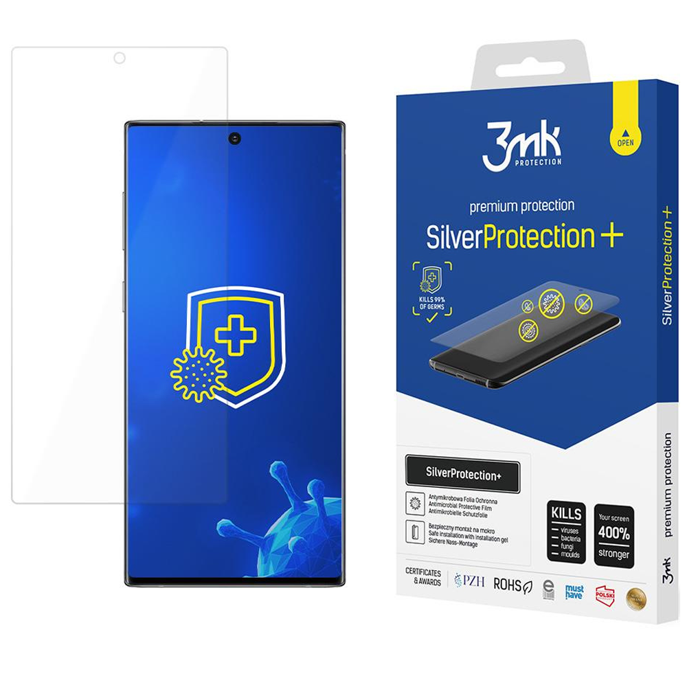 Un telefono con protezione schermo, scatola di protezione schermo. La scatola dice SilverProtection+ e uccide il 99% dei germi.