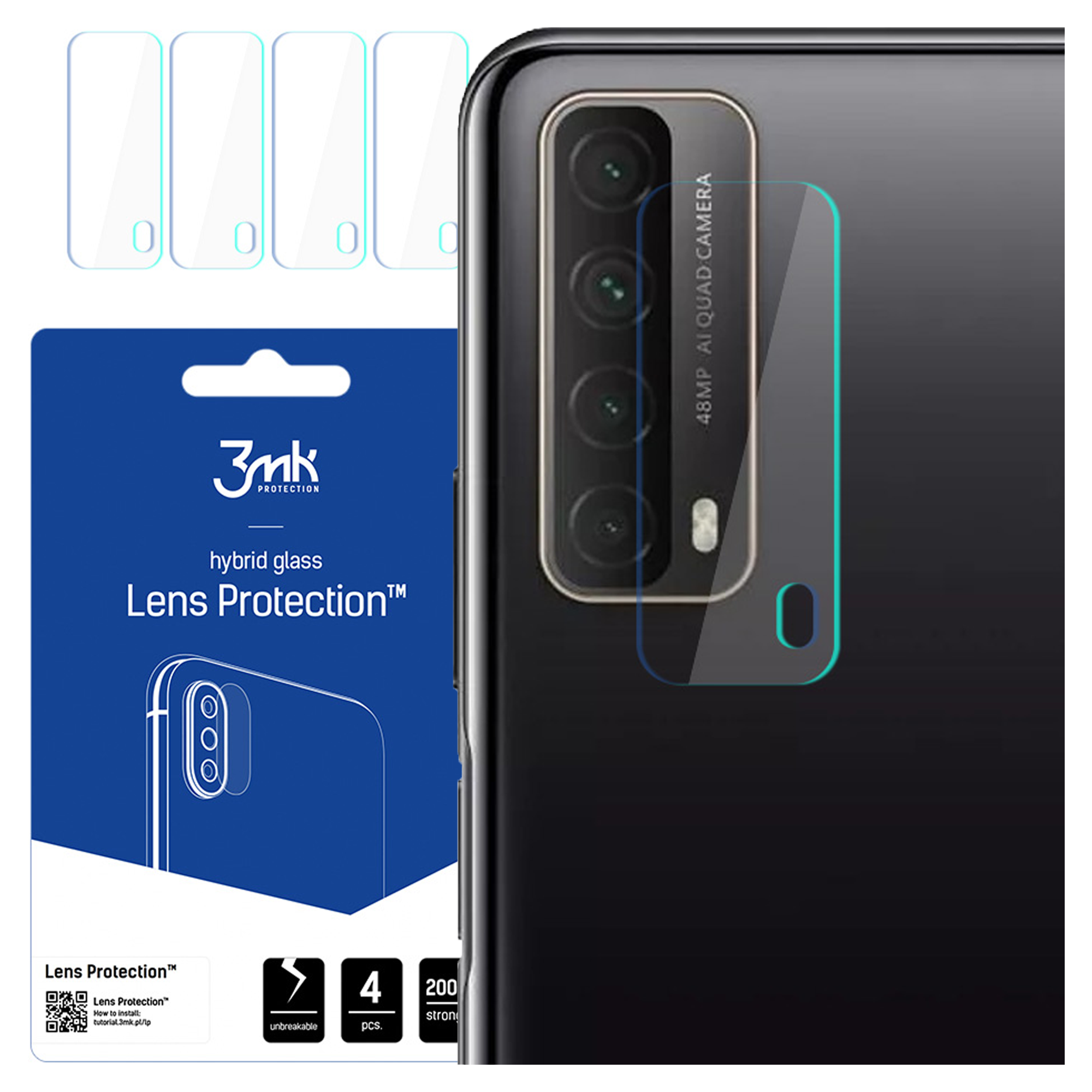 L'immagine mostra un telefono con protezione schermo e confezione. La confezione contiene dettagli del prodotto e un'immagine del modello di telefono.