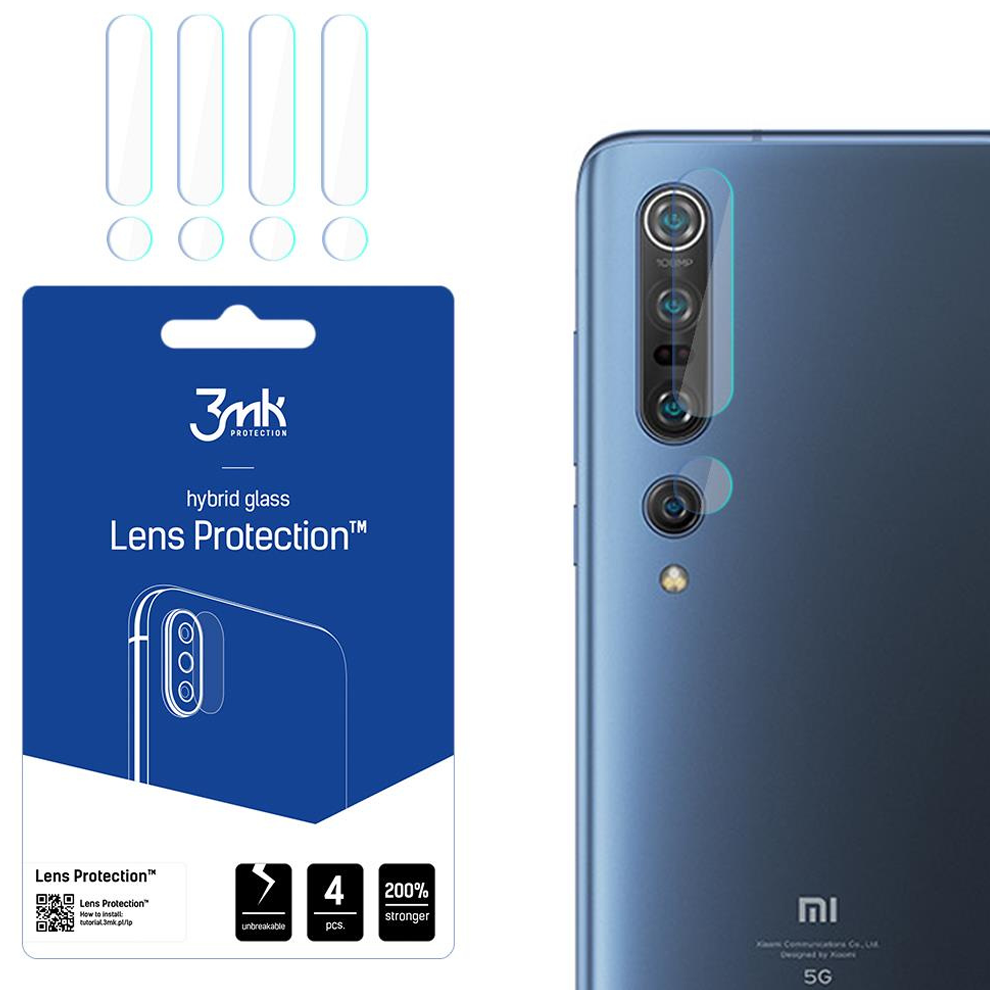 Un telefono e un kit di protezione dell'obiettivo. Il telefono è blu. Il kit dice 'Lens Protection'. I proteggi lenti sono a sinistra.