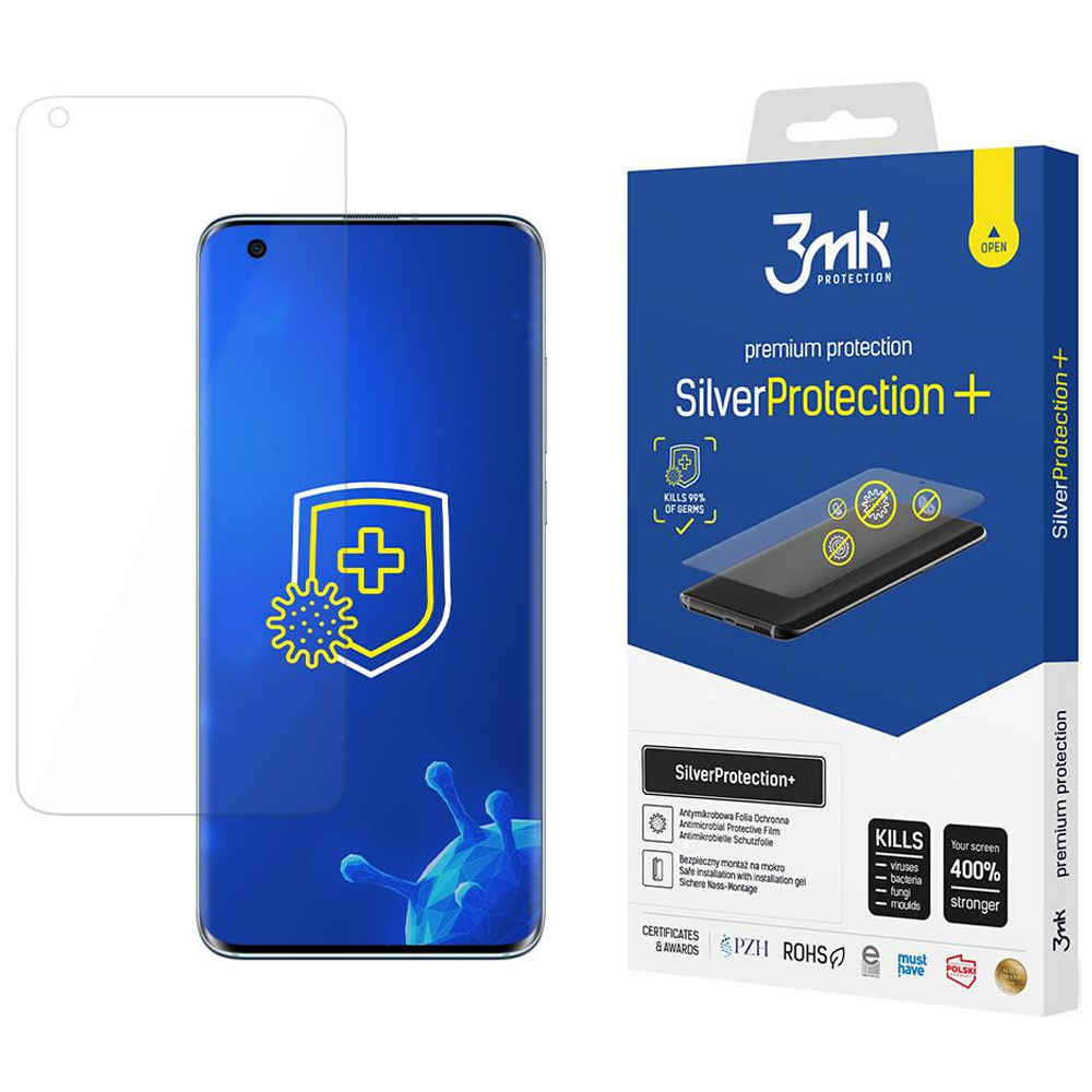 Una protezione per lo schermo del telefono con un telefono e la sua scatola. La scatola dice 'Silver Protection+'.