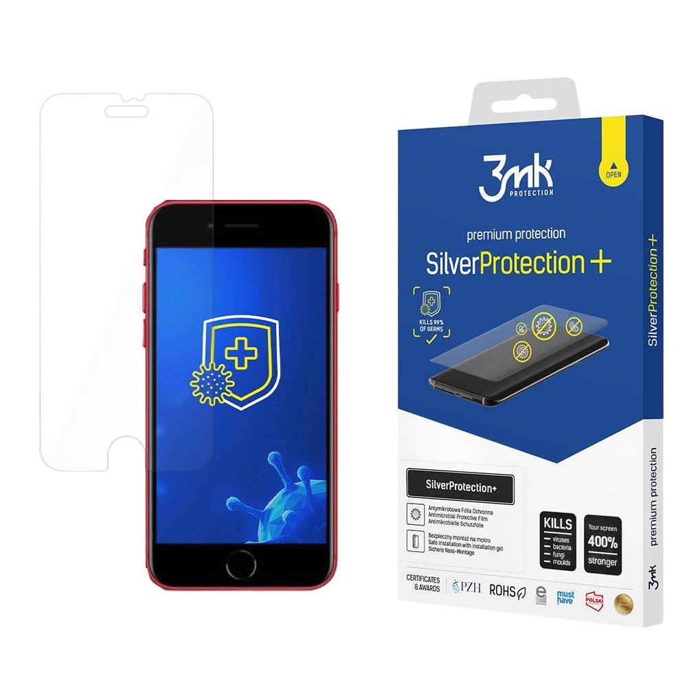 Telefon z ochroną ekranu, pudełko pokazuje funkcje ochrony ekranu, zabija zarazki.