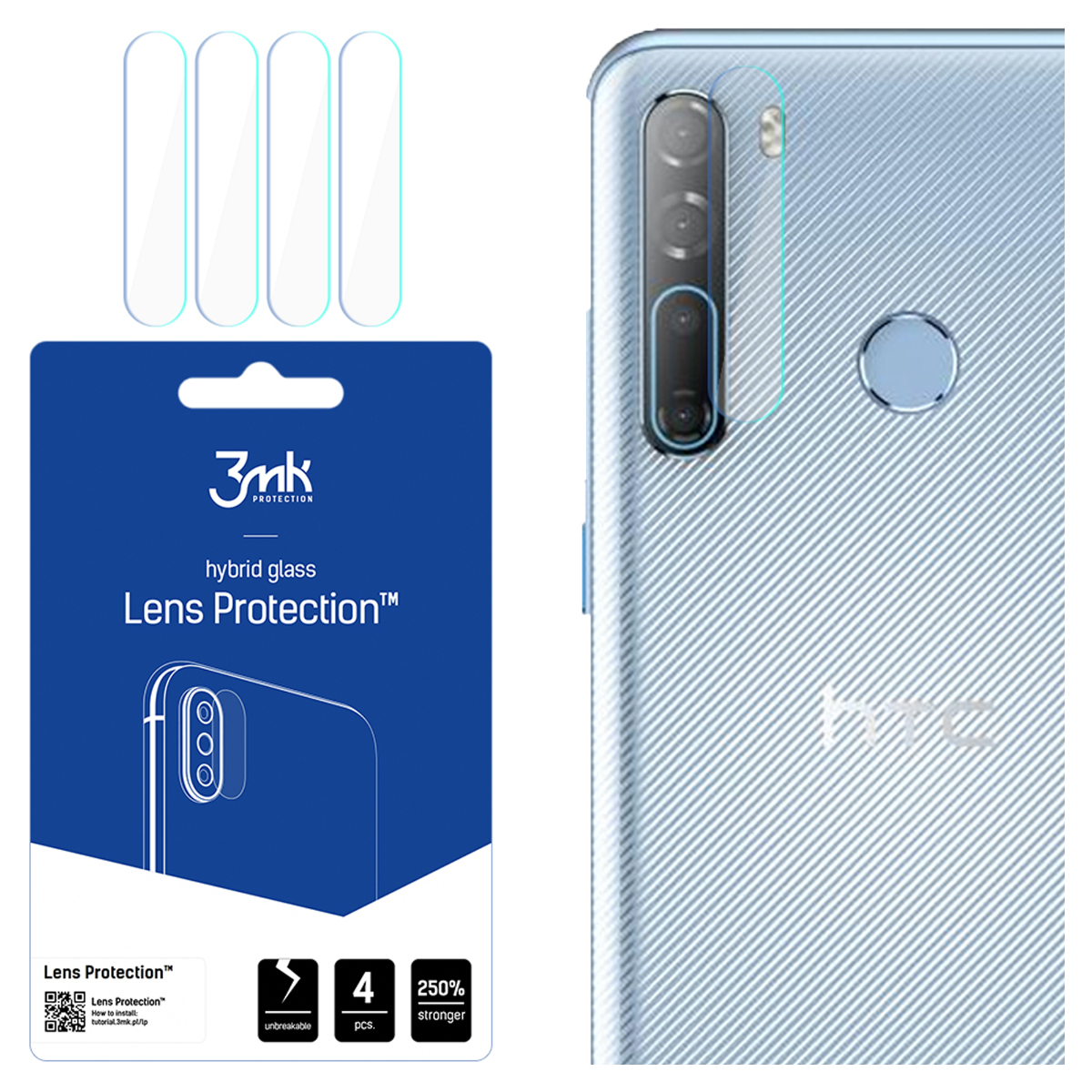 Un telefono e una confezione con protezione per lenti. Il telefono è blu con una fotocamera. La confezione è blu con protezioni per lenti.