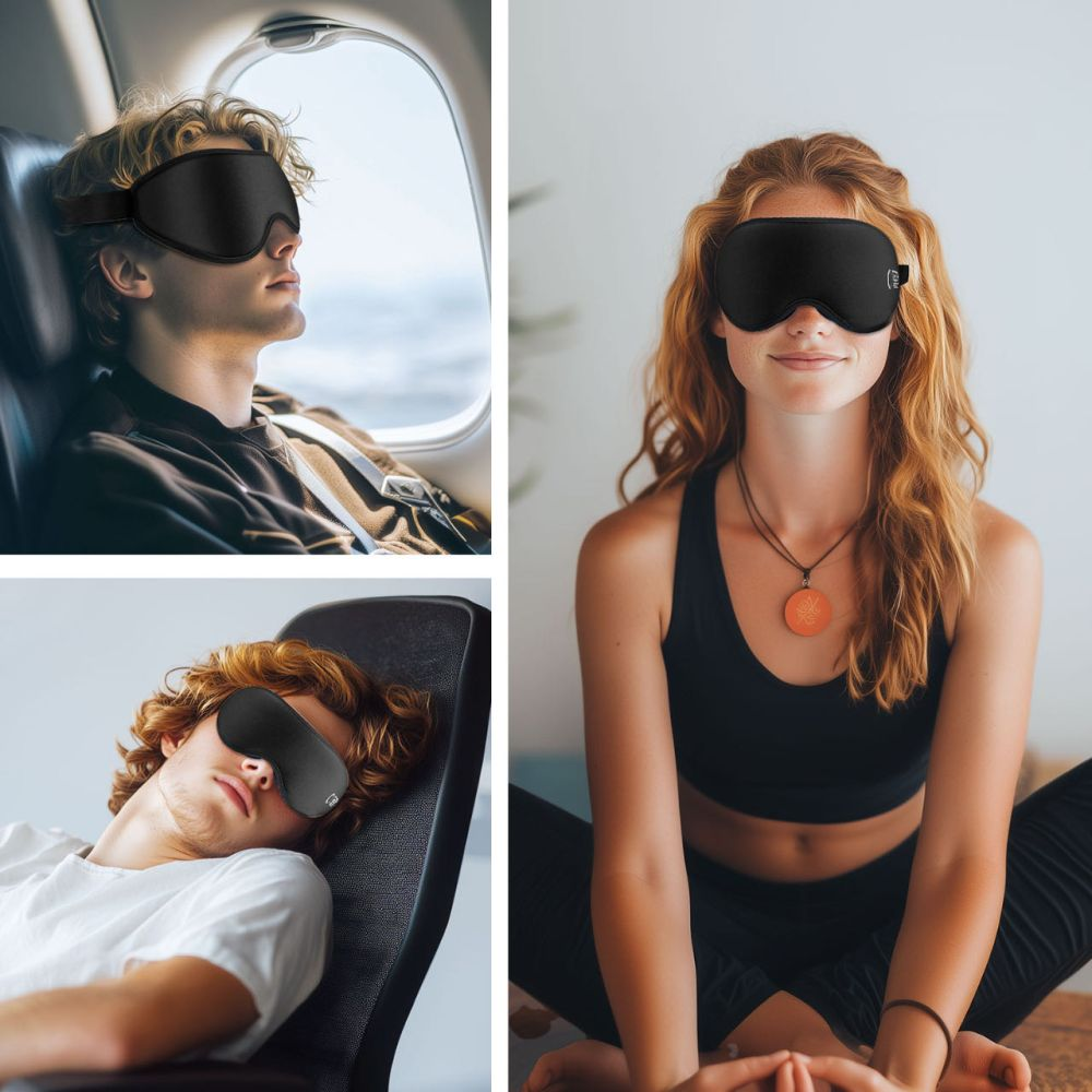 Drei Personen tragen schwarze Schlafmasken. Einer im Flugzeug, einer auf einem Stuhl und einer meditiert. Alle tragen die Schlafmaske.