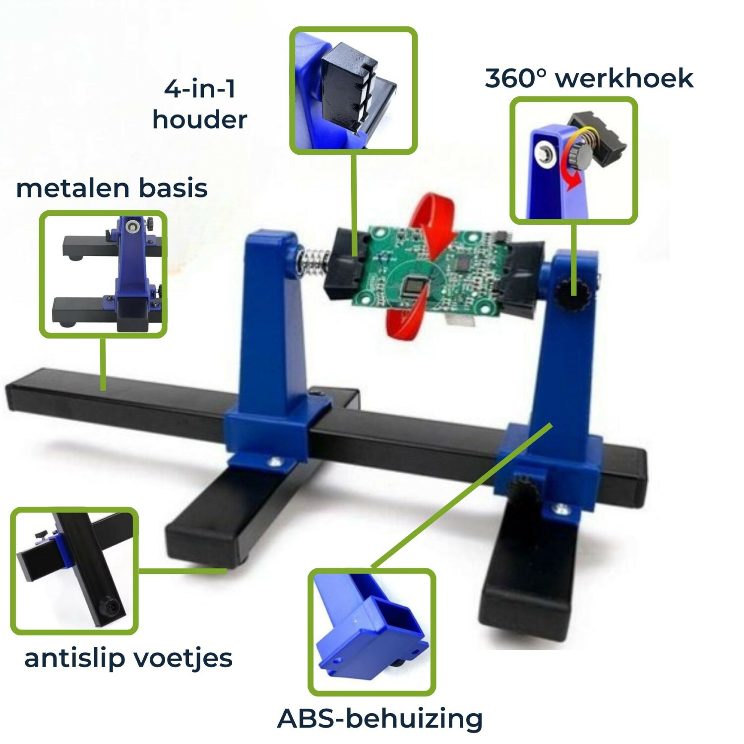 Eine elektronische Leiterplatte wird von einem blau-schwarzen, verstellbaren Ständer gehalten. Der Ständer hat eine Metallbasis und rutschfeste Füße.