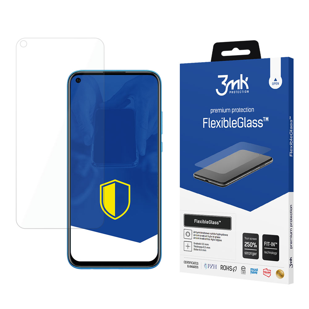 Un proteggi schermo e una scatola con la scritta 'FlexibleGlass' e '3mk Protection' sono visualizzati.