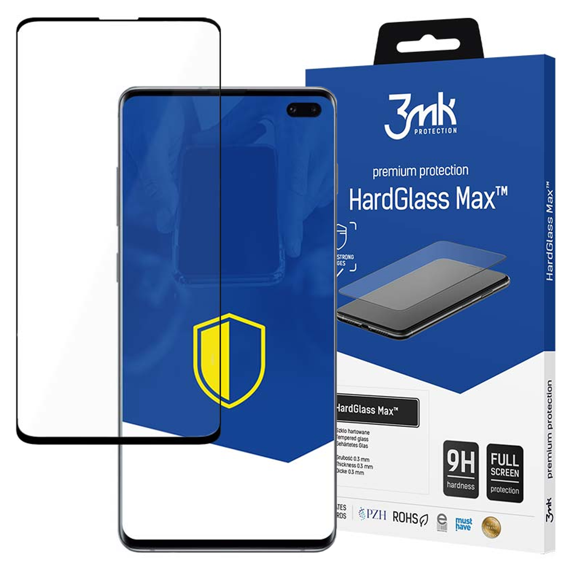 Wyświetlacz telefonu i telefon. Obecne jest również niebieskie pudełko z logo i nazwą marki.