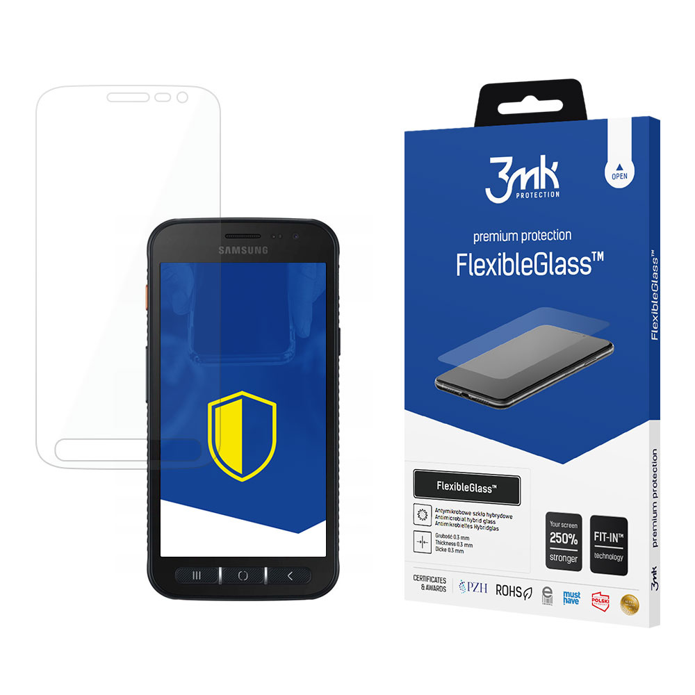 Un telefono e una scatola di protezione dello schermo. Il telefono è nero, la scatola è blu, con il marchio 3mk e FlexibleGlass.