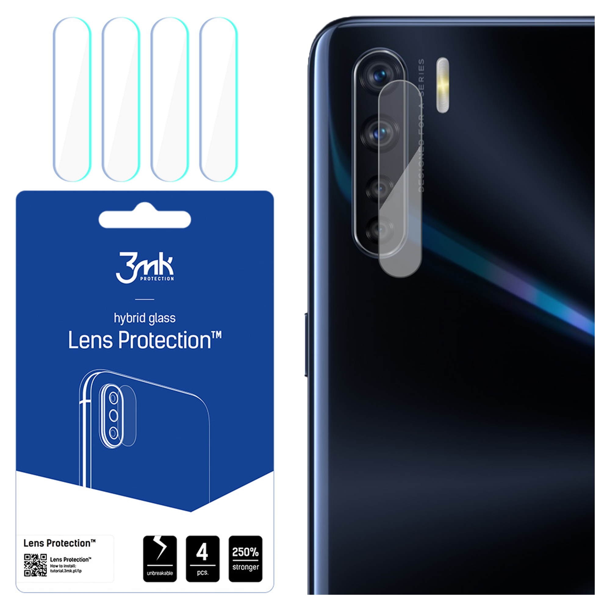 Un telefono e un pacchetto di protezioni per lenti. La protezione è sul telefono. La confezione mostra la protezione e le informazioni.