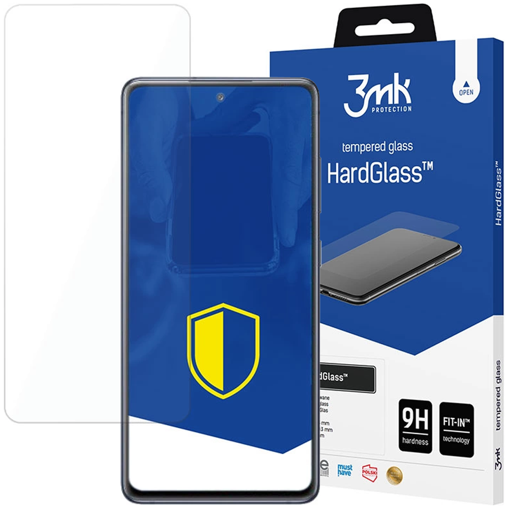 Un proteggi schermo e una scatola. La scatola dice HardGlass e 3mk. Lo schermo del telefono è visibile. È presente un logo a scudo.