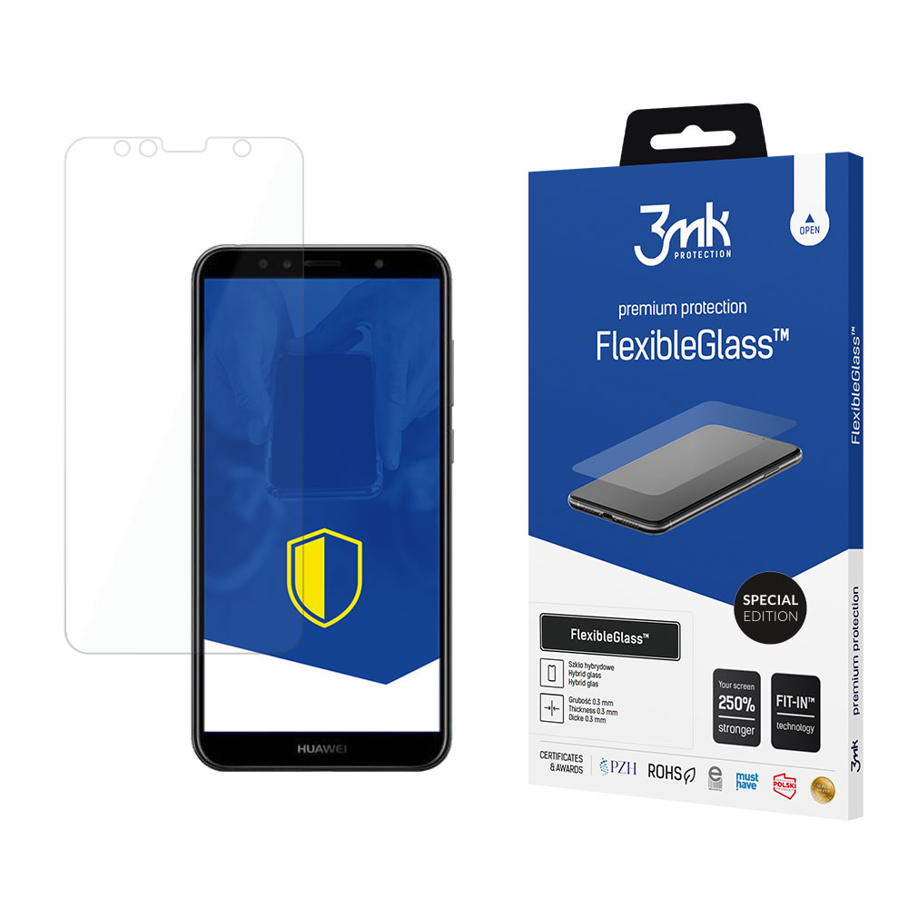 Un telefono e una protezione per lo schermo sono esposti. La scatola del protettore è blu, il telefono nero e il protettore trasparente.
