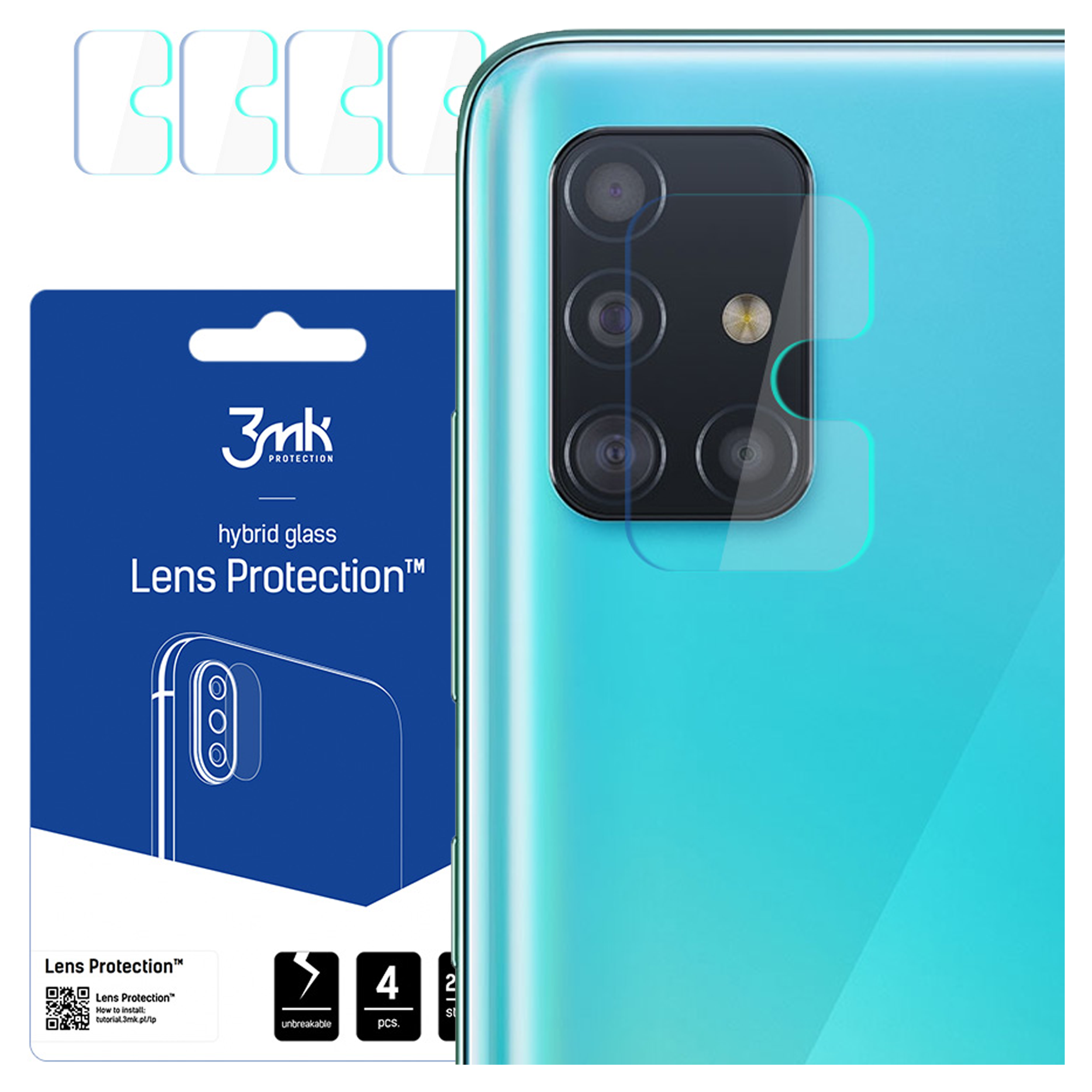 Un telefono con protezione per l'obiettivo e una confezione di protezione per l'obiettivo. Il telefono è turchese. La confezione è blu.