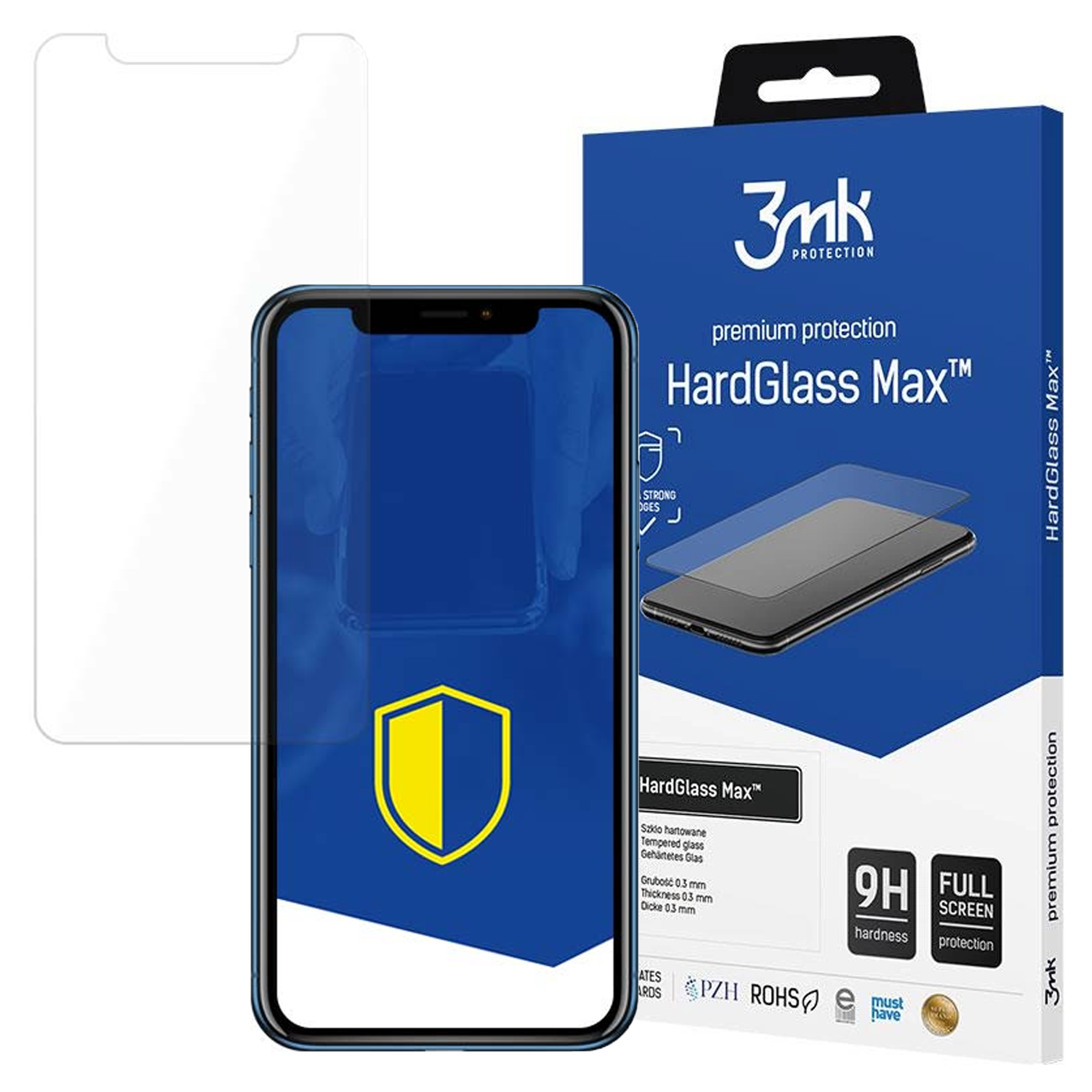 Wyświetlacz i telefon. Ochraniacz jest przezroczysty, pudełko niebieskie z białym tekstem.