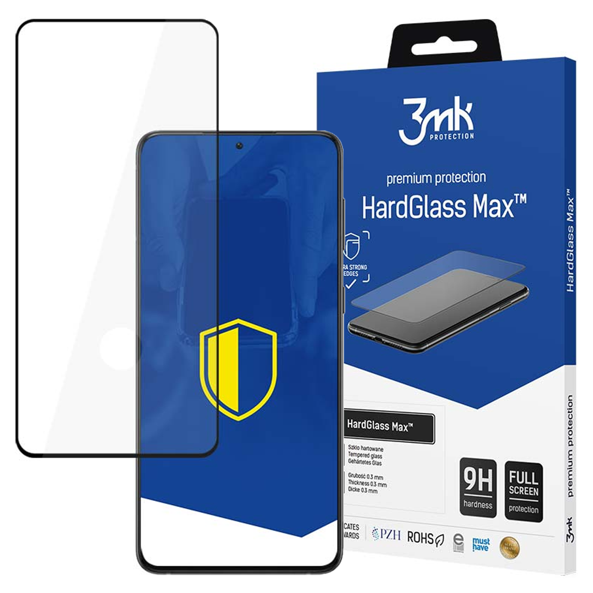 Ochraniacz ekranu i telefon z niebieskim pudełkiem. Ochraniacz jest przezroczysty i ma czarną ramkę.