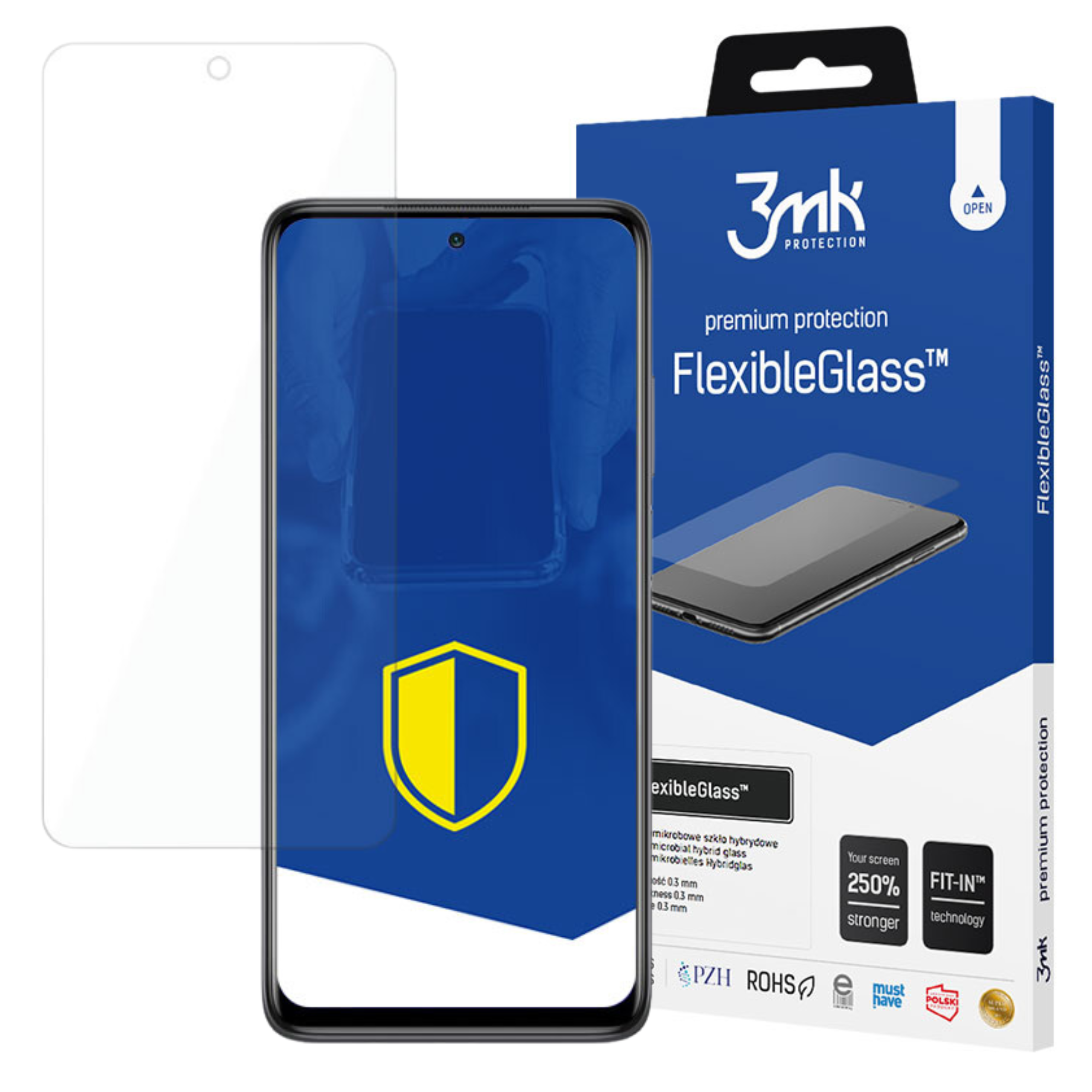 Un telefono con protezione schermo accanto alla scatola FlexibleGlass. La protezione è trasparente con cornice nera.
