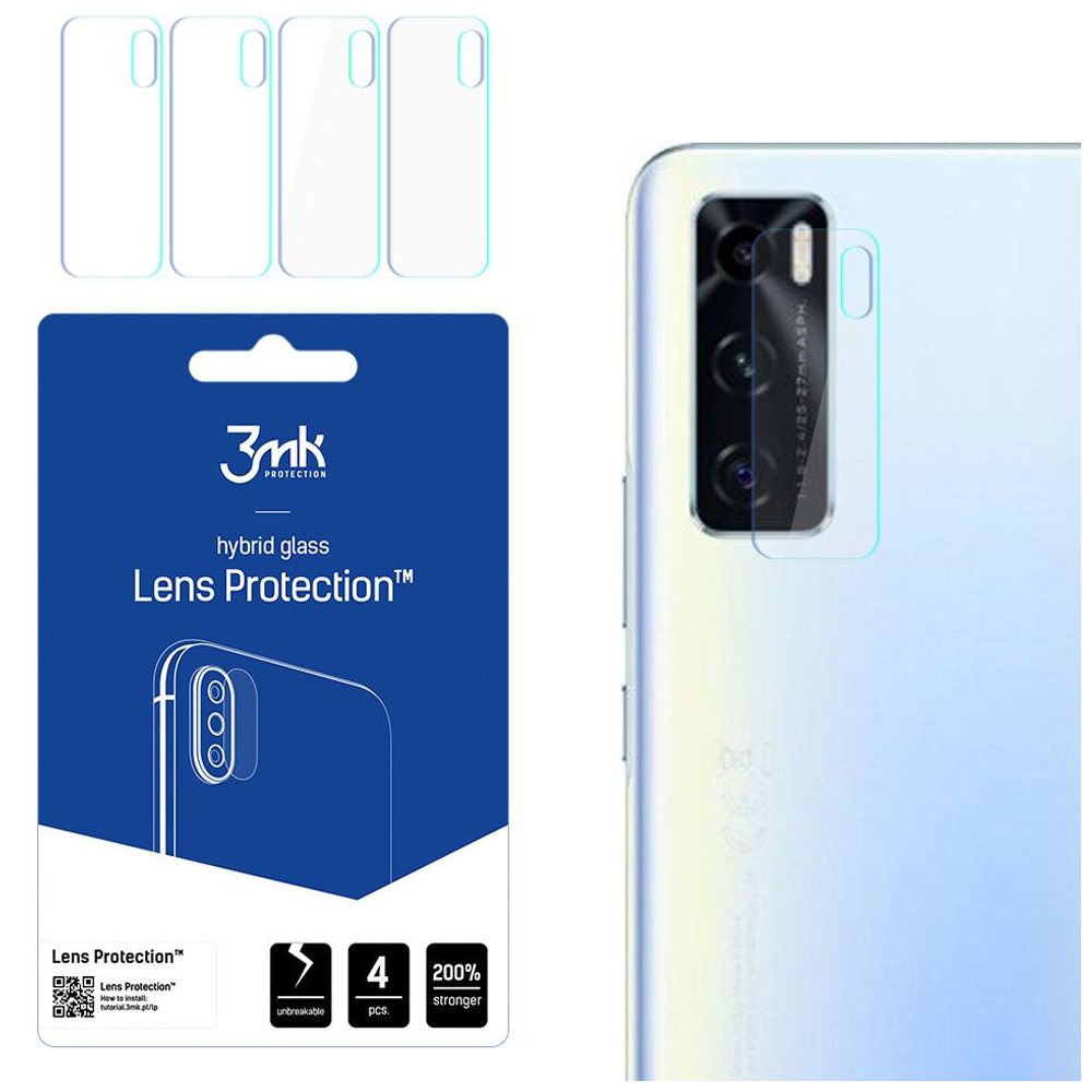 Zestaw ochronny obiektywu telefonu z tyłem telefonu, czterema ochraniaczami i telefonem z zainstalowanym ochraniaczem. Opakowanie jest niebieskie.