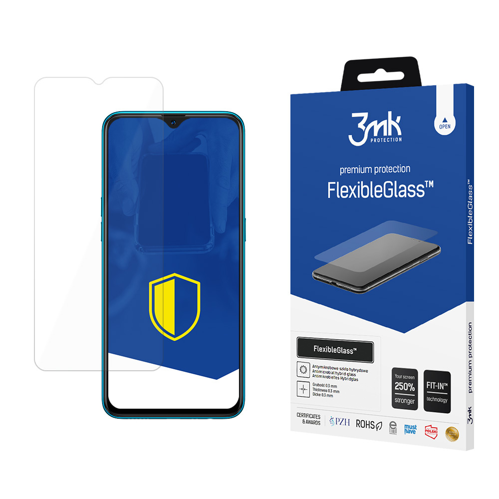 Un telefono con protezione schermo, una scatola con marchio FlexibleGlass e un foglio di protezione schermo trasparente sono visibili.
