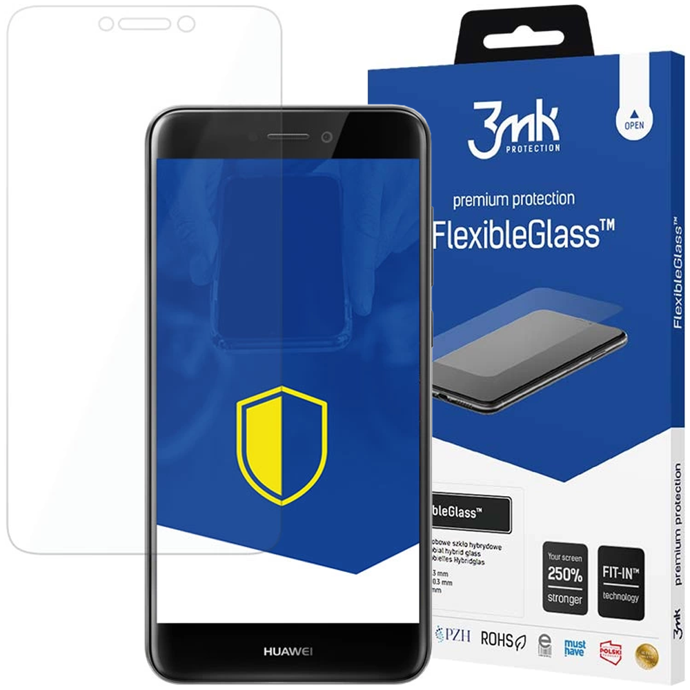 Un telefono con protezione schermo, una scatola di FlexibleGlass e una protezione schermo trasparente sono in mostra.