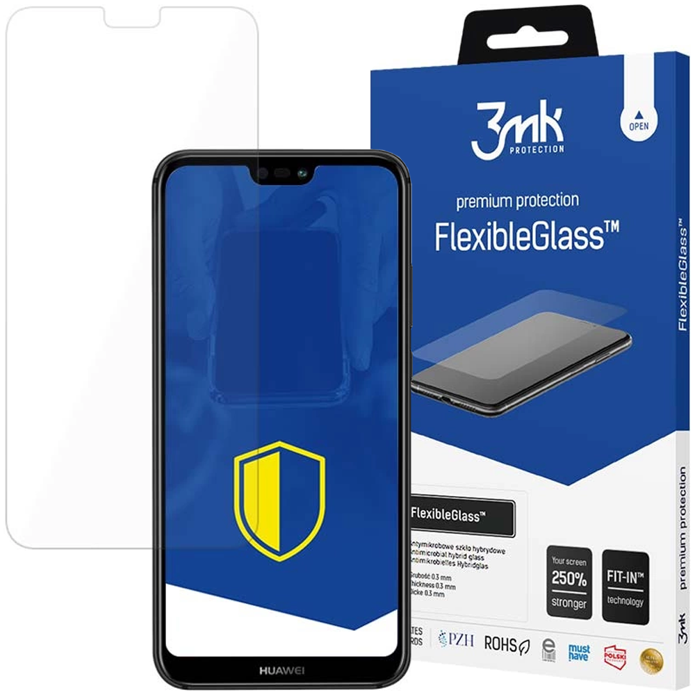 Un telefono con protezione schermo e una scatola di FlexibleGlass. Il telefono è nero con un logo a scudo giallo.
