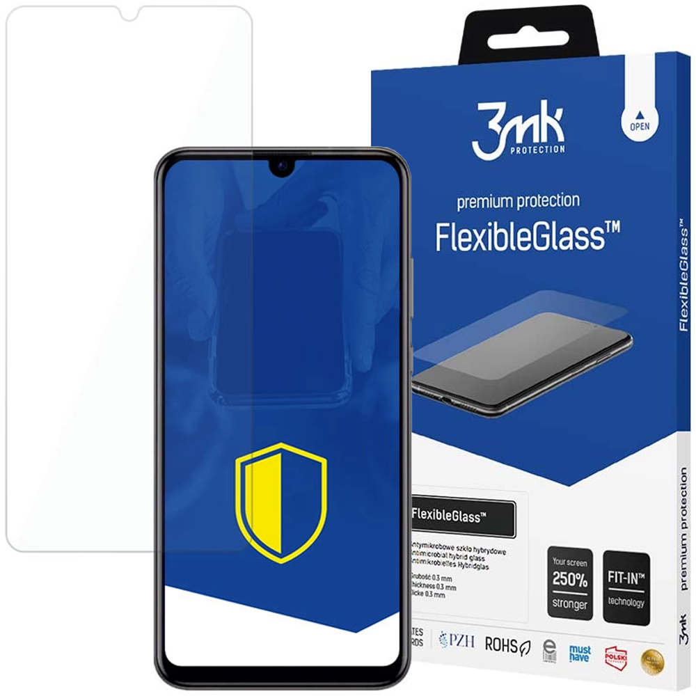 Un telefono con protezione schermo, una scatola con il nome FlexibleGlass e una protezione schermo trasparente.