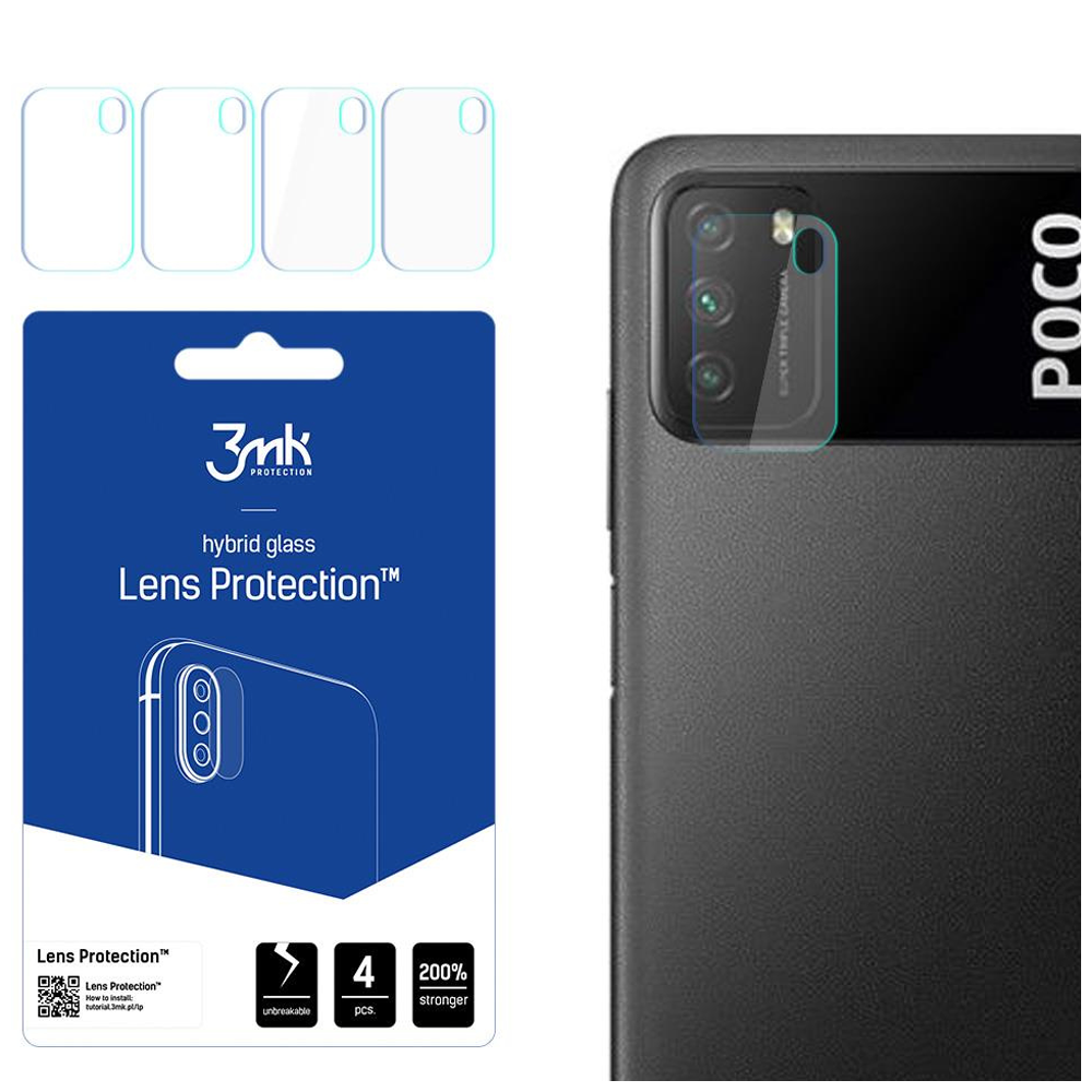 Un kit di protezione dell'obiettivo del telefono con un retro del telefono e una protezione applicata. La confezione mostra i dettagli e le caratteristiche del prodotto.