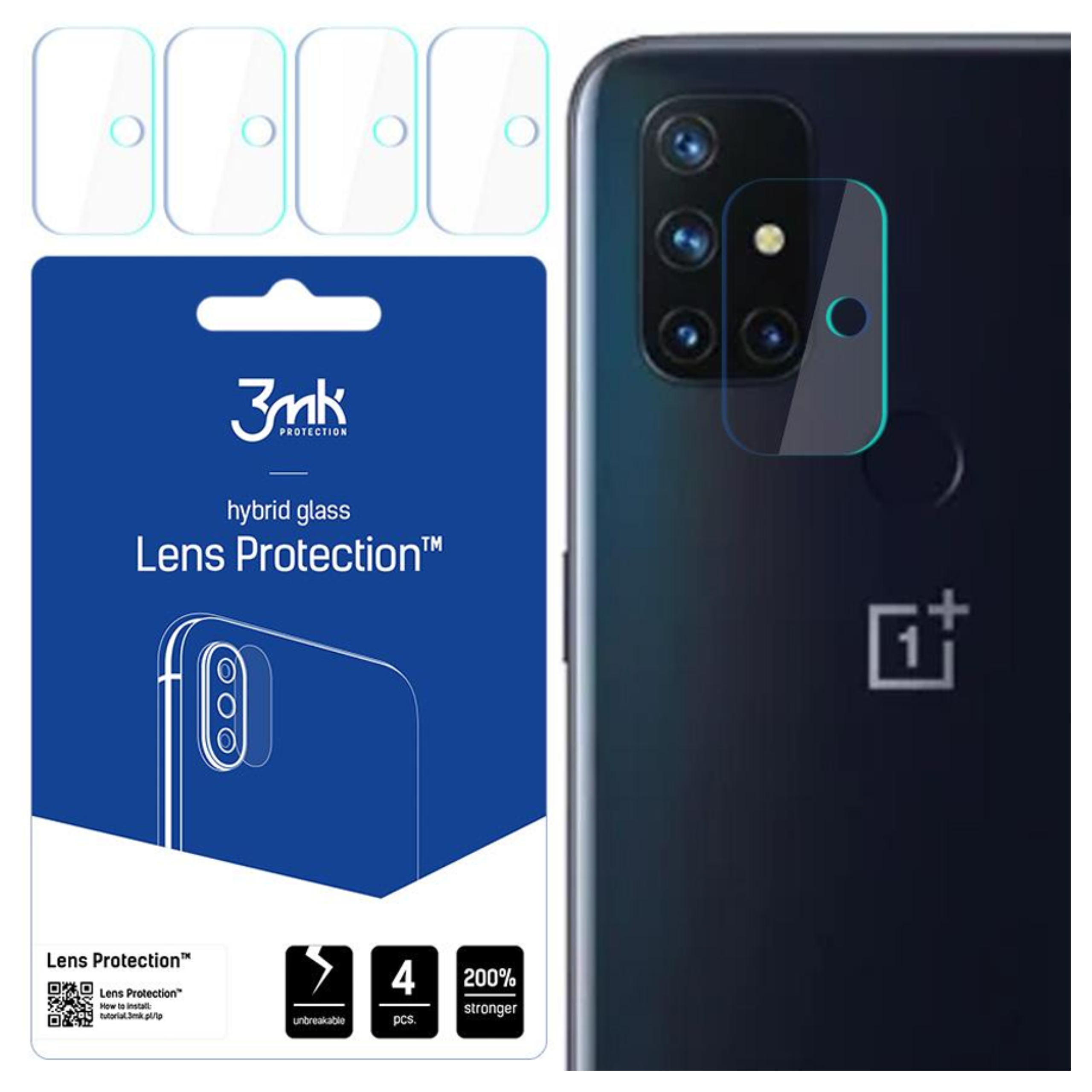 Un telefono e protezioni per lenti. La confezione mostra il prodotto e un contorno del telefono. Il testo recita 'Lens Protection'.