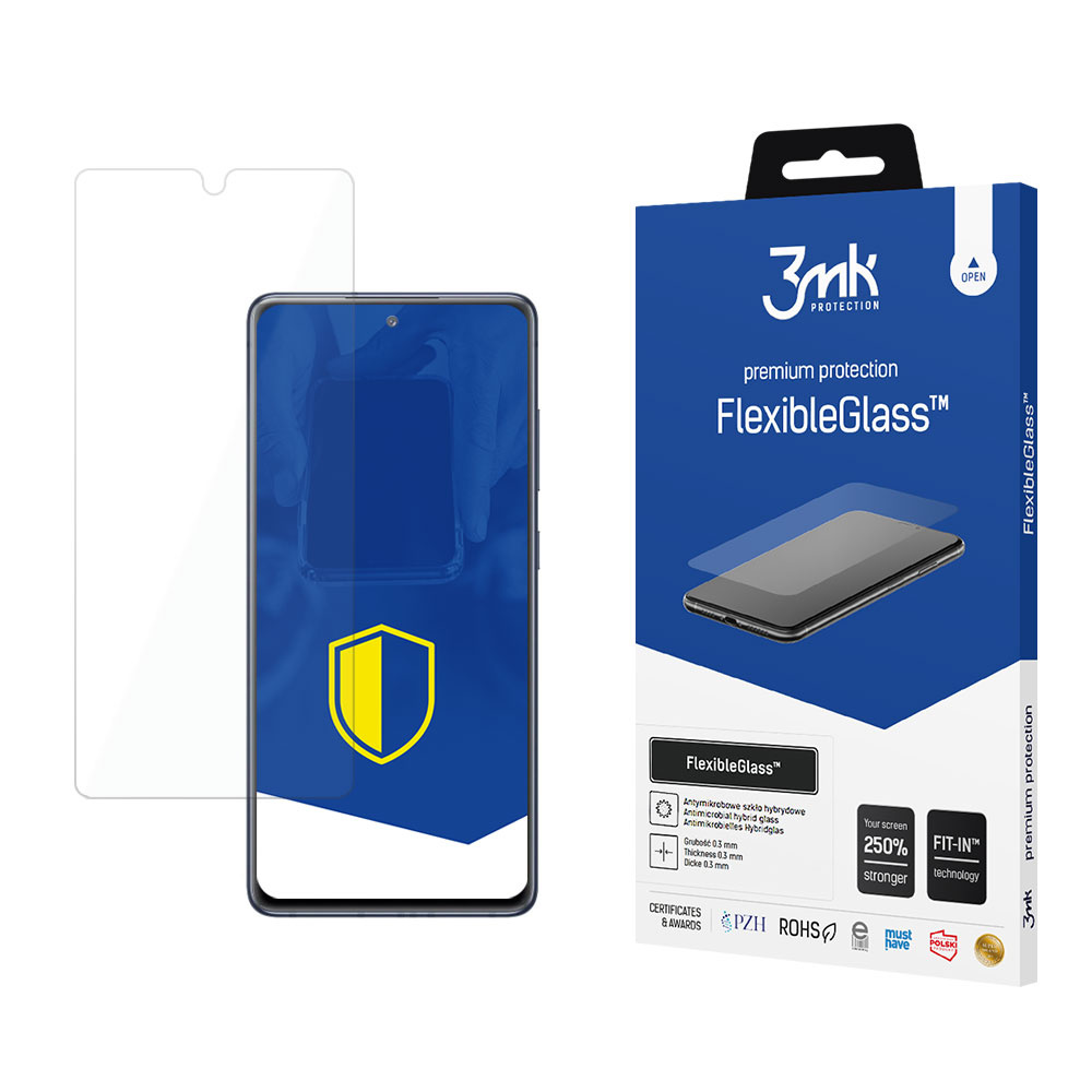 Una scatola per la protezione dello schermo del telefono e un telefono. La scatola dice 'FlexibleGlass' e 'premium protection'. La protezione è trasparente.