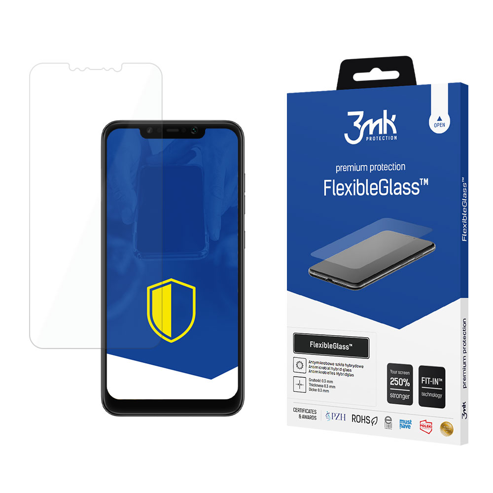 Pellicola protettiva e scatola. Il telefono è visibile, con scudo giallo e blu. La scatola è blu con testo.