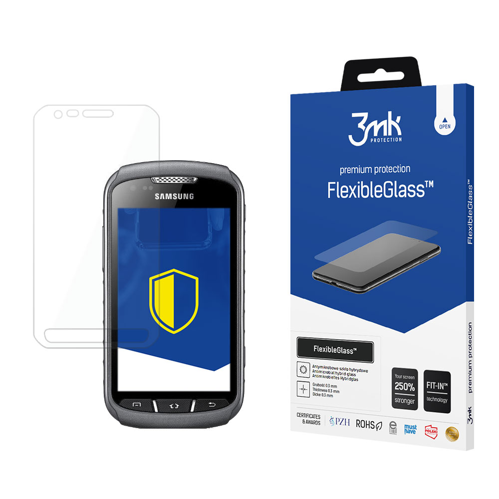Uno smartphone con protezione schermo accanto alla sua scatola, etichettata 'FlexibleGlass'. Il telefono ha un'icona a scudo.