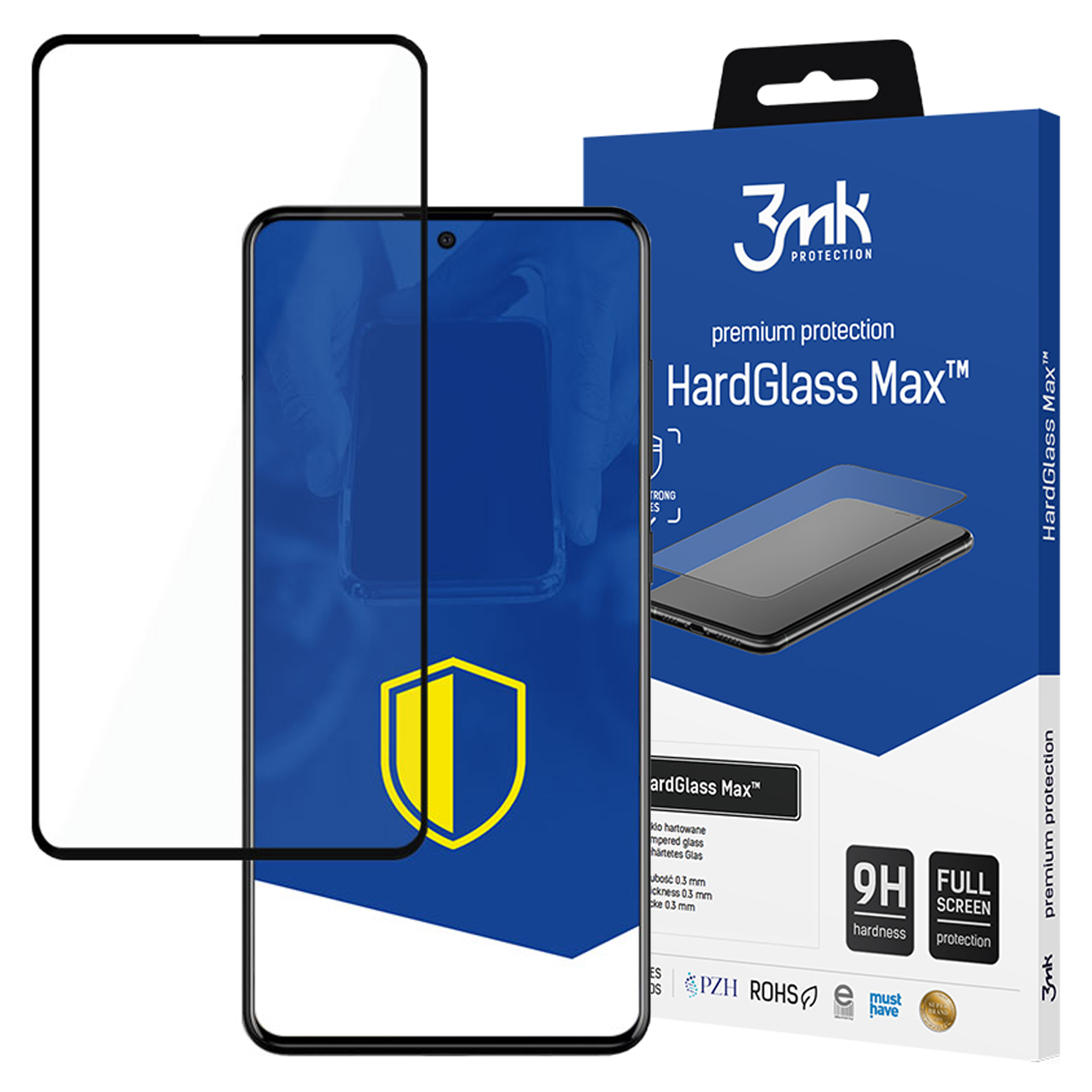 Ochraniacz ekranu i pudełko. Pudełko jest niebieskie z białym tekstem i grafiką telefonu. Ochraniacz jest przezroczysty.