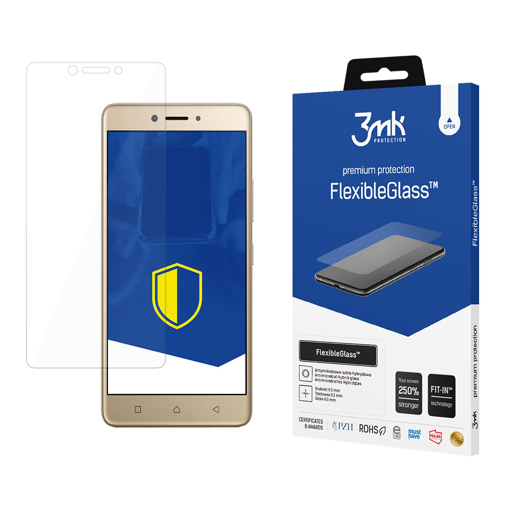 Un telefono con protezione schermo, una scatola di FlexibleGlass e una protezione schermo separata sono su una superficie bianca.