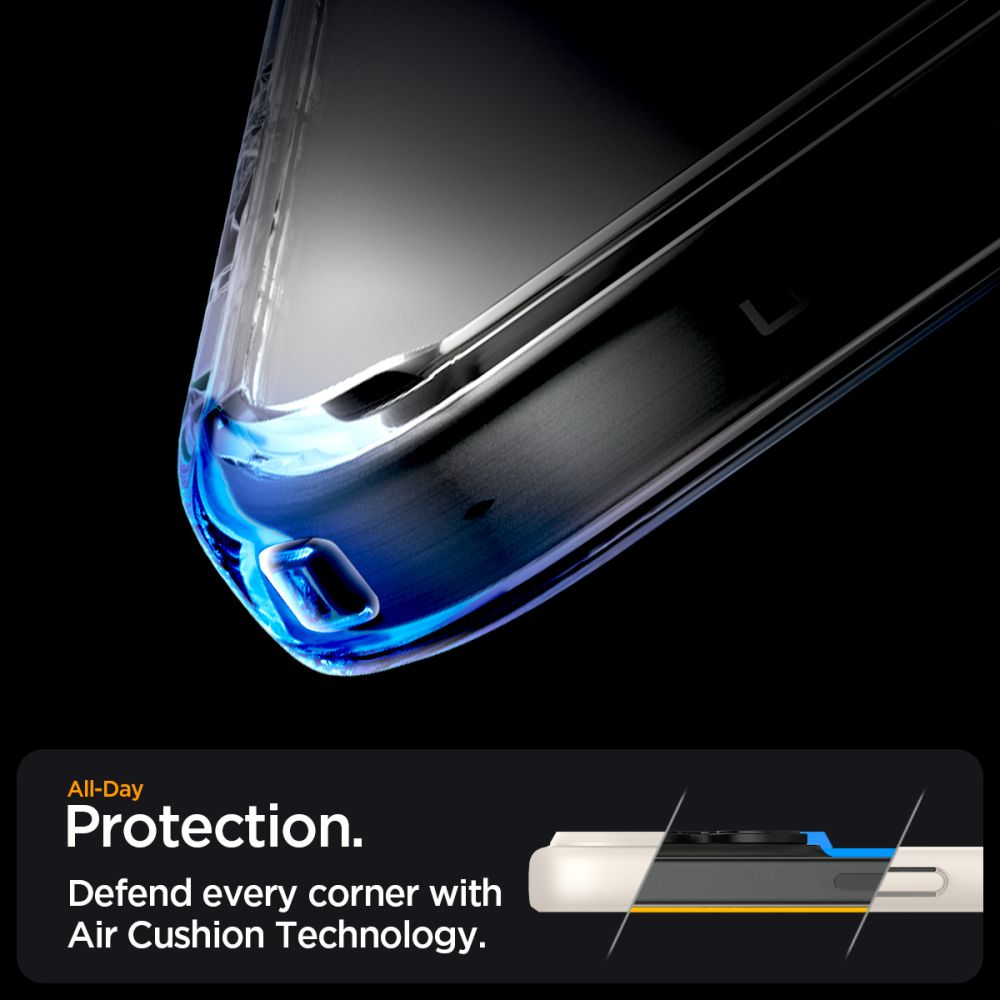 Een doorzichtige telefoonhoes met blauwe accenten op een zwarte achtergrond, met de tekst 'Protection' en 'Air Cushion Technology'.