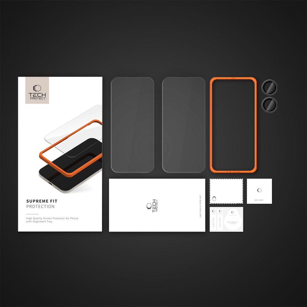 Un kit di protezione dello schermo del telefono. Include protezioni per lo schermo, una cornice, salviette e guide all'installazione. Elementi arancioni e neri.