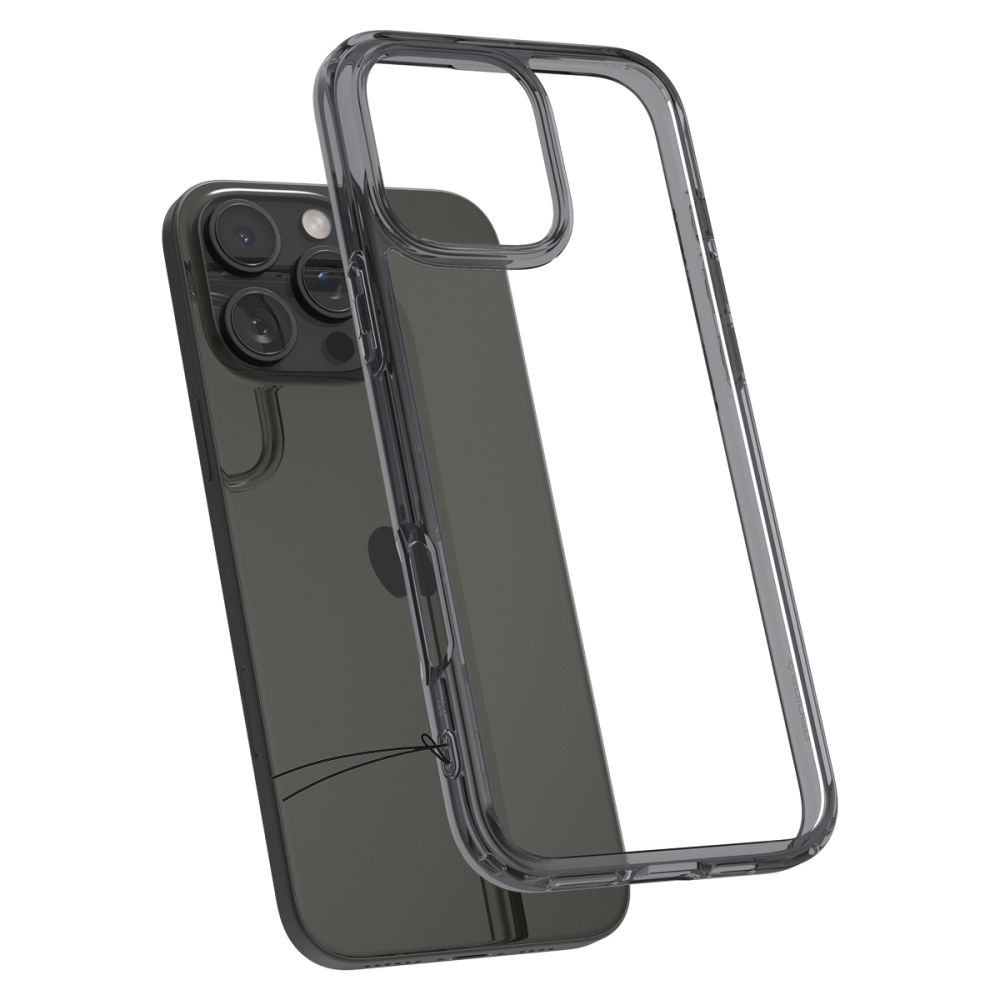 Viene visualizzata una custodia trasparente per iPhone, con il telefono all'interno. La custodia è trasparente e il telefono è grigio, su sfondo bianco.
