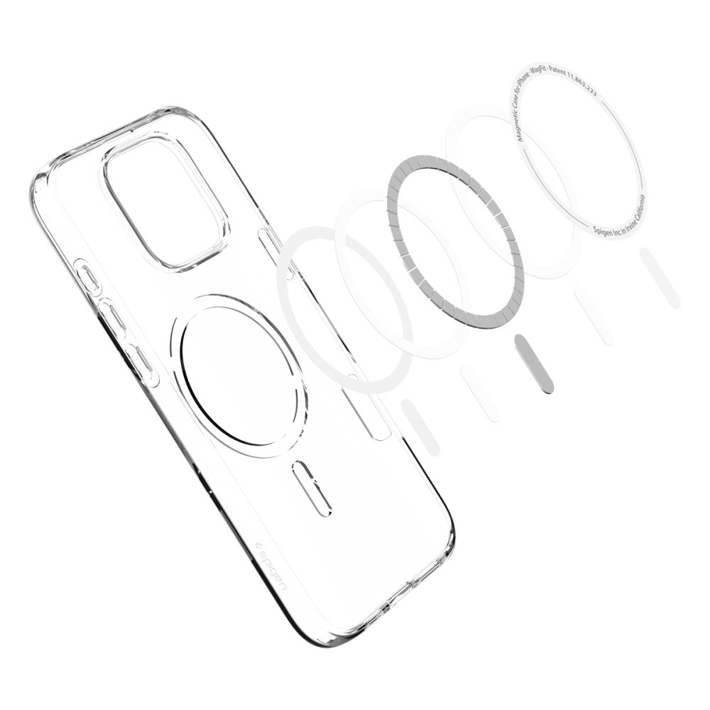 Przezroczyste etui na telefon z pierścieniami magnetycznymi i konturem telefonu. Etui ma logo Spigen.