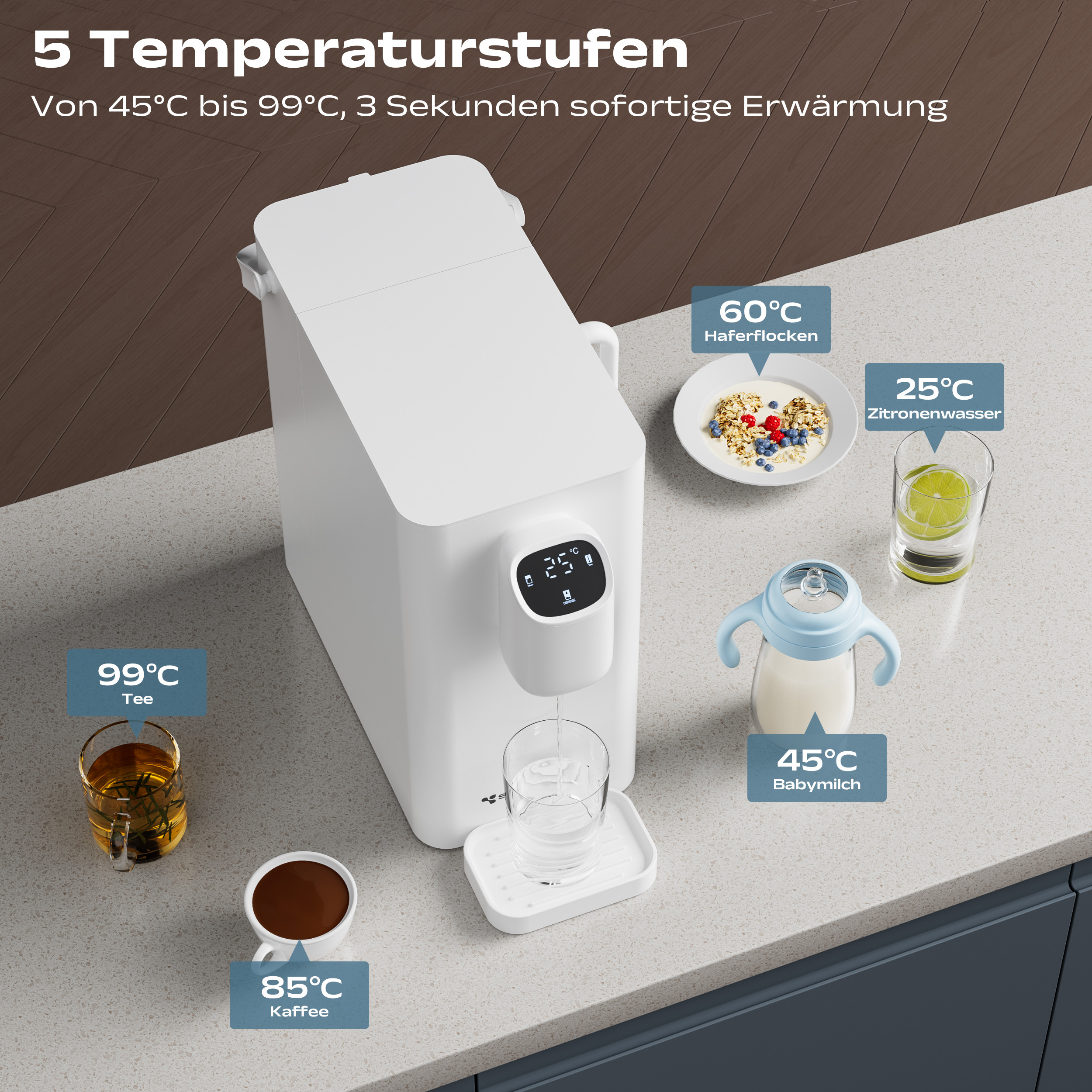 Weißer Wasserspender mit Getränken bei verschiedenen Temperaturen. Enthält Tee, Kaffee und Babymilch.