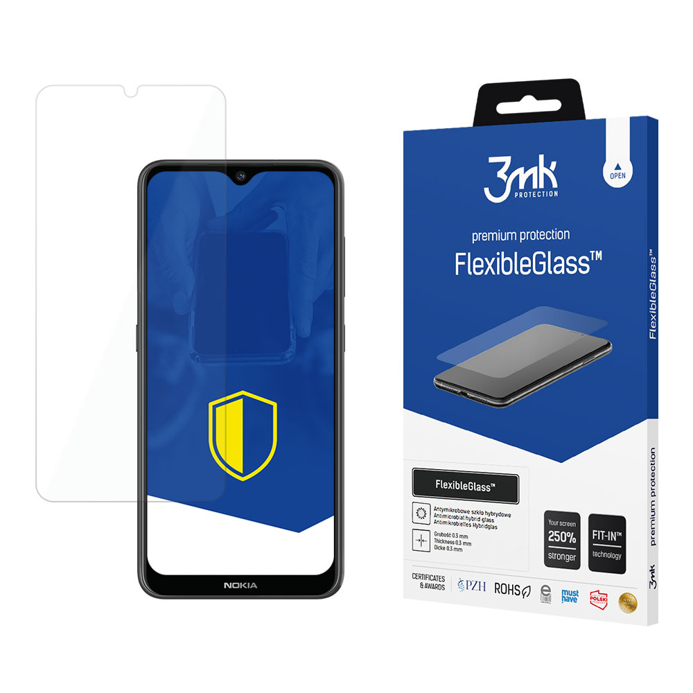 Un telefono con protezione per lo schermo e una scatola di protezioni per lo schermo, con il marchio FlexibleGlass.