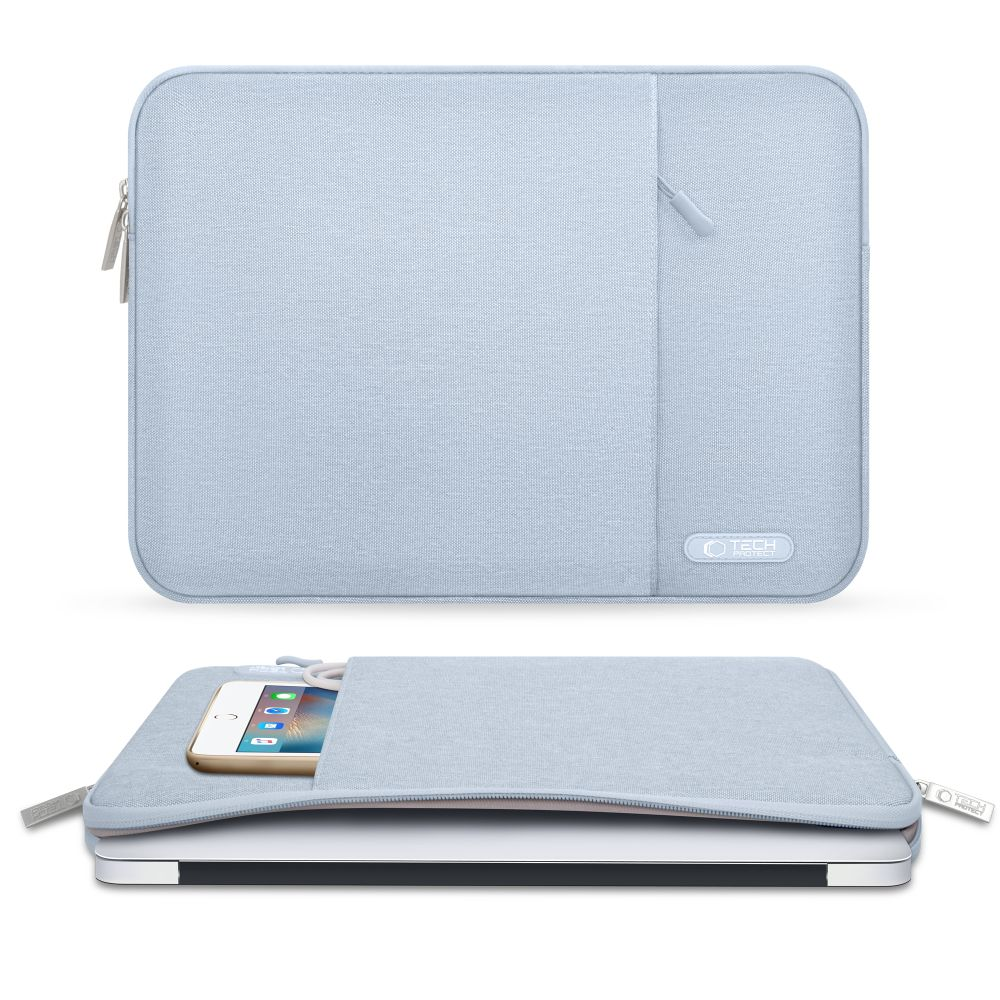 Een lichtblauwe laptoptas met een rits. Hieronder is de tas open en toont een telefoon in een laptop.