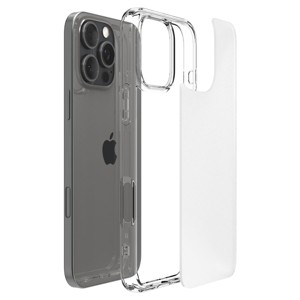 Una custodia trasparente per telefono accanto a un iPhone grigio. La custodia è in tre parti. L'iPhone ha il logo Apple.