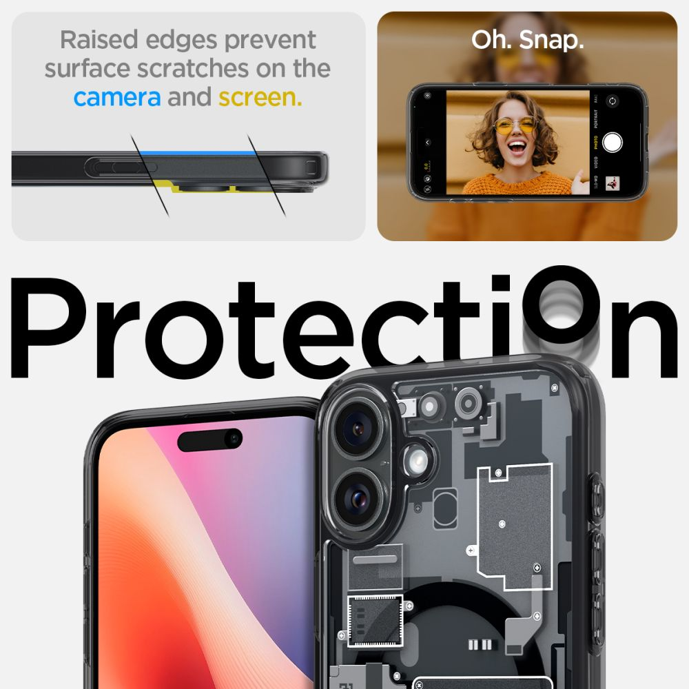 Obraz przedstawia etui na telefon z podniesionymi krawędziami, chroniące aparat i ekran. Telefon wyświetla selfie. Wyświetlane jest słowo Protection.