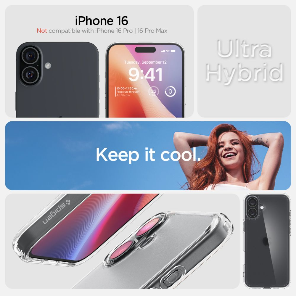 Obraz przedstawia reklamę produktu iPhone 16 z etui, ekranem iPhone'a i uśmiechniętą kobietą na tle błękitnego nieba.