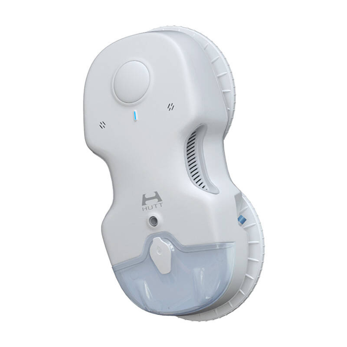 Biały robot do czyszczenia okien. Ma okrągły przycisk, logo i zbiornik na wodę. Na białym tle.