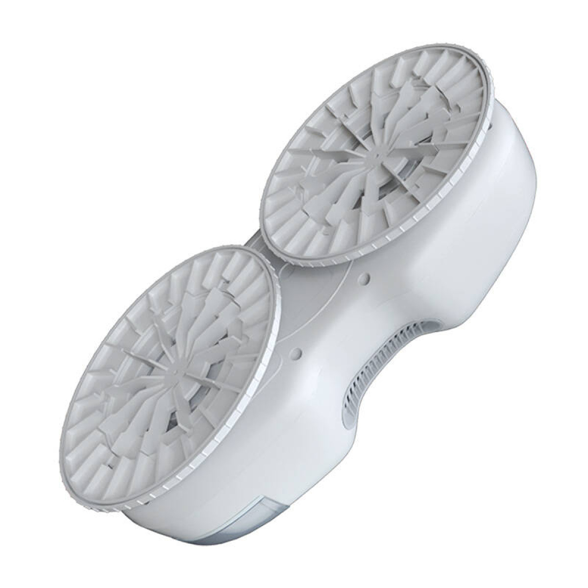 Białe urządzenie z dwoma wentylatorami i zakrzywionym korpusem. Każdy wentylator ma liczne łopatki promieniujące ze środka.